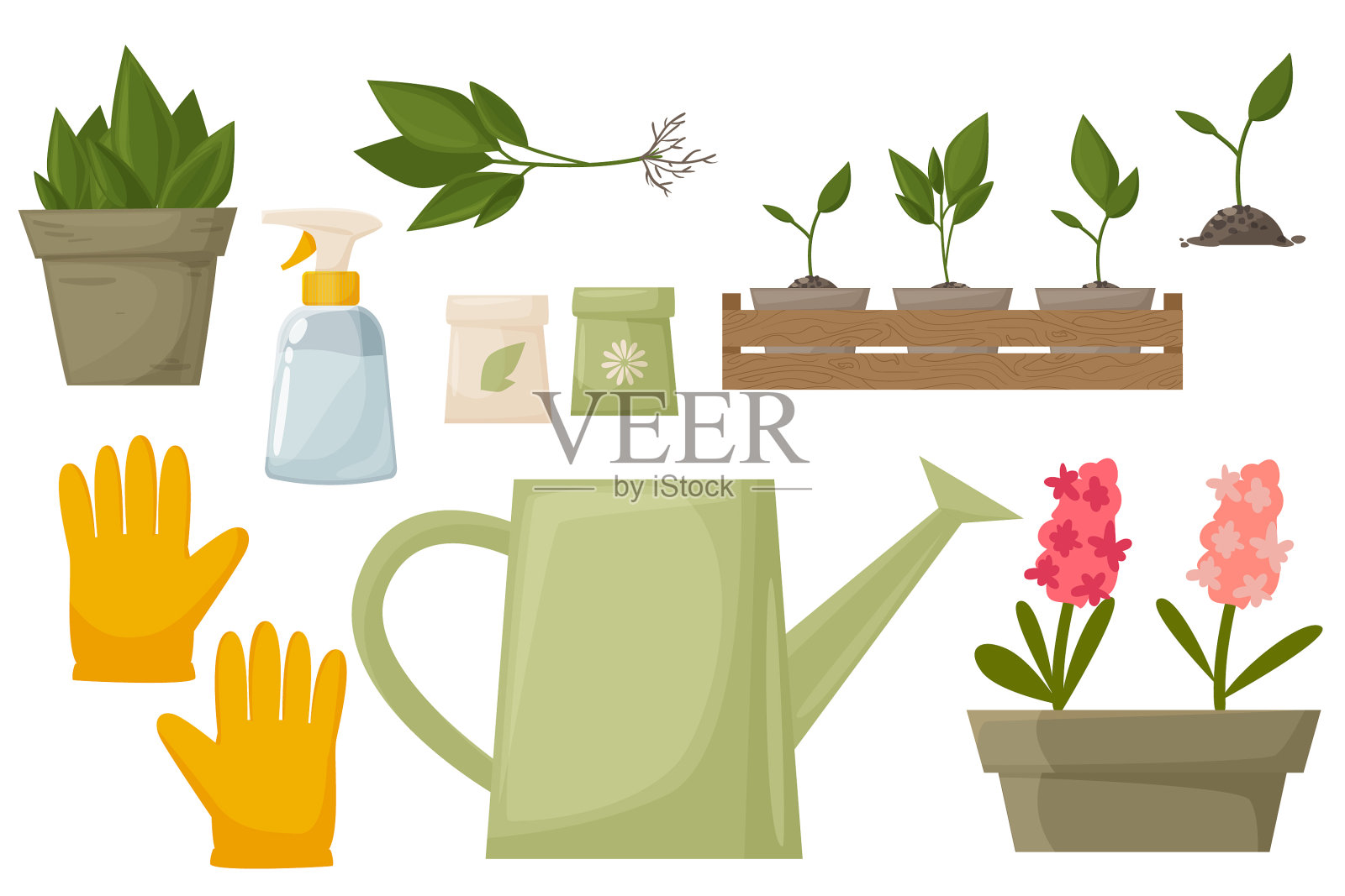 园艺用品集喷壶与花盆插画图片素材