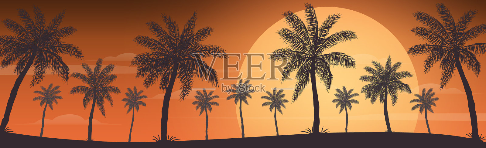 现实的海上日落在背景棕榈图标素材