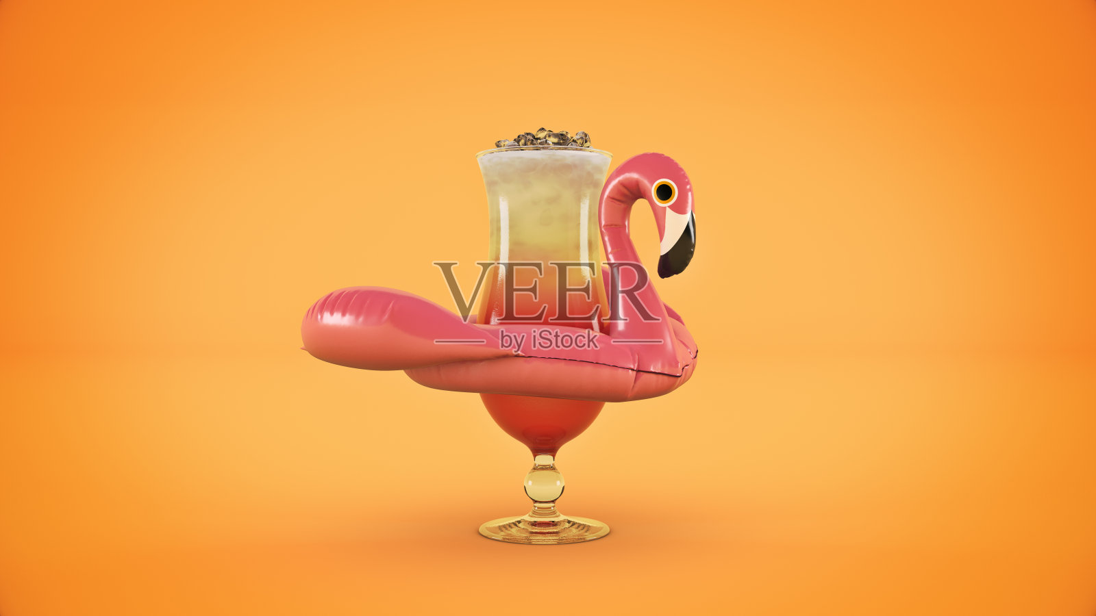 新鲜的鸡尾酒充气粉红色火烈鸟玩具度假概念。三维渲染照片摄影图片