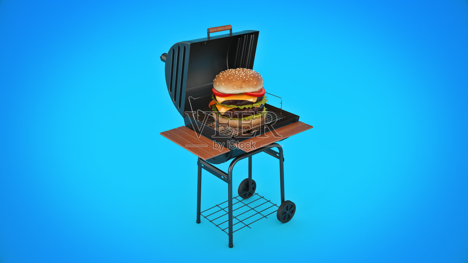 用火焰烧烤的汉堡包。三维渲染照片摄影图片