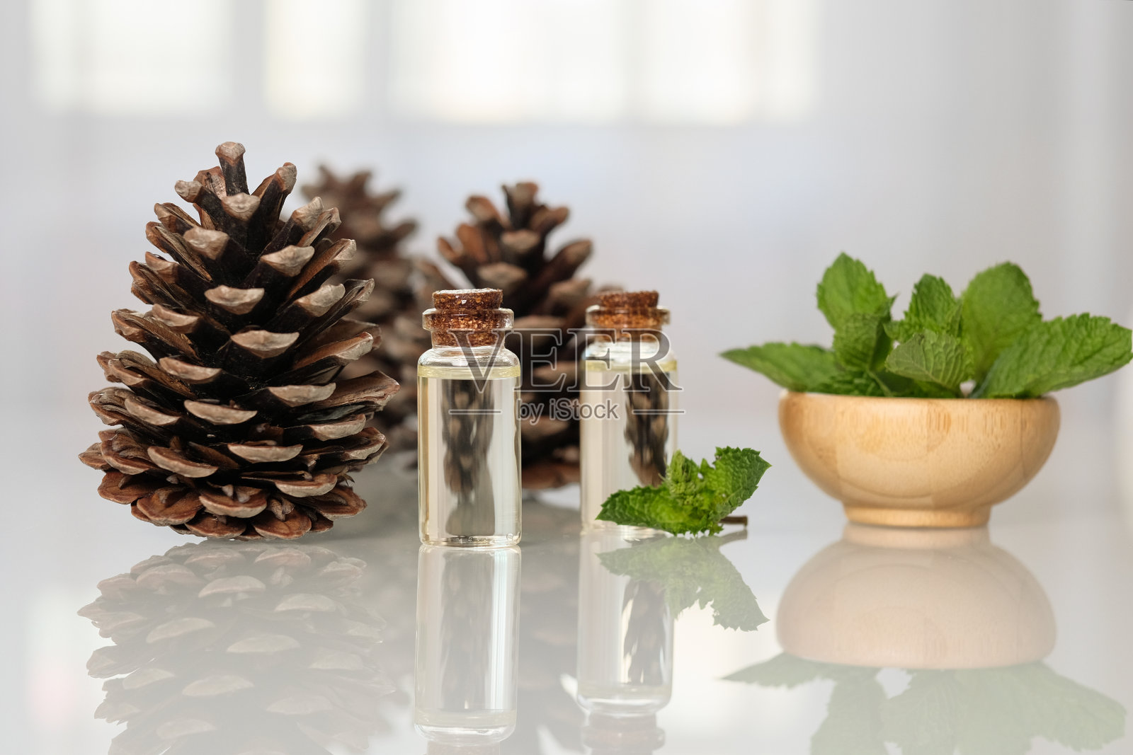 薄荷和松树精油小瓶放在玻璃桌上。照片摄影图片