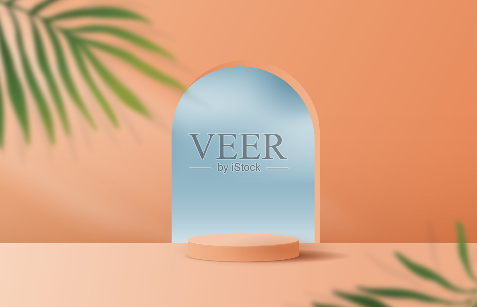 化妆品橙色背景最小和优质讲台展示产品展示品牌和包装展示。带有树叶阴影背景的演播室舞台。3 d插图设计插画图片素材