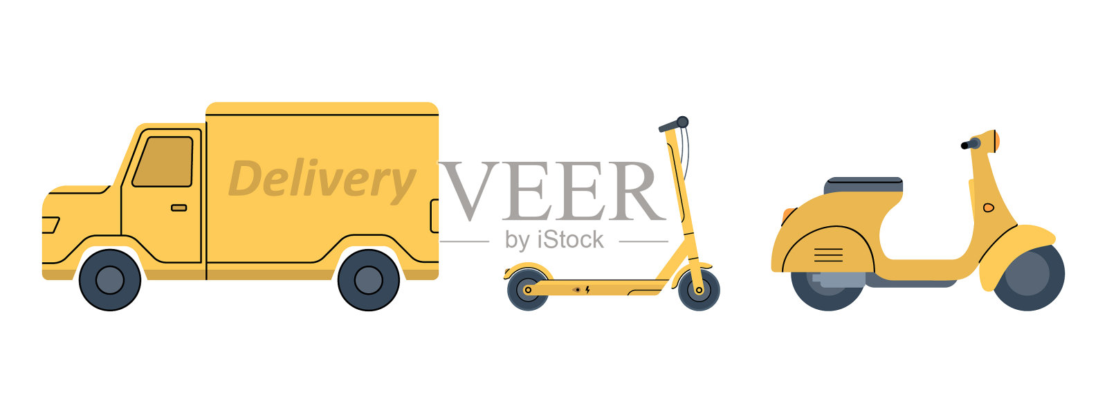 黄色滑板车厢式电动车平板车风格插画图片素材