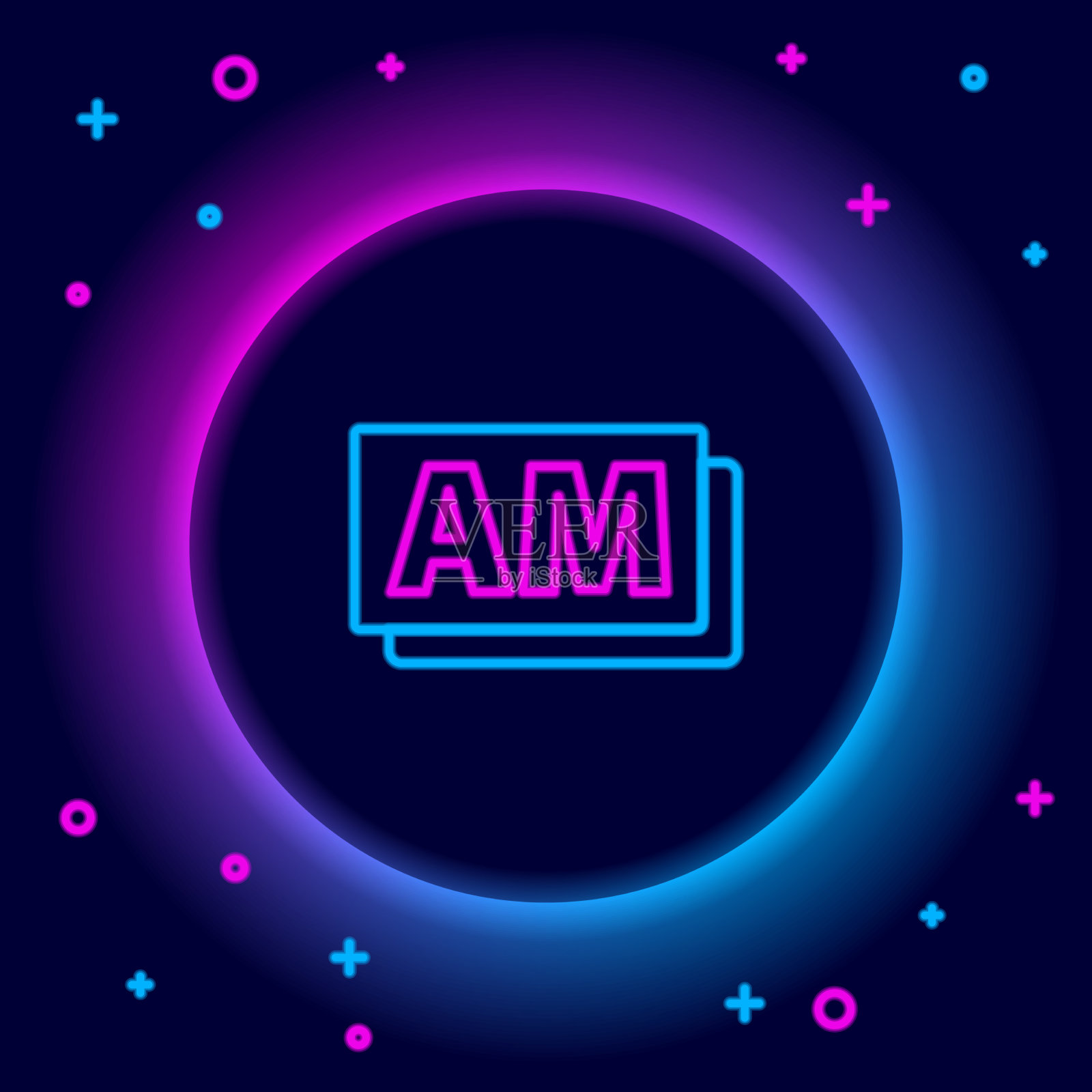 发光的霓虹灯线时钟am图标孤立在黑色插画图片素材