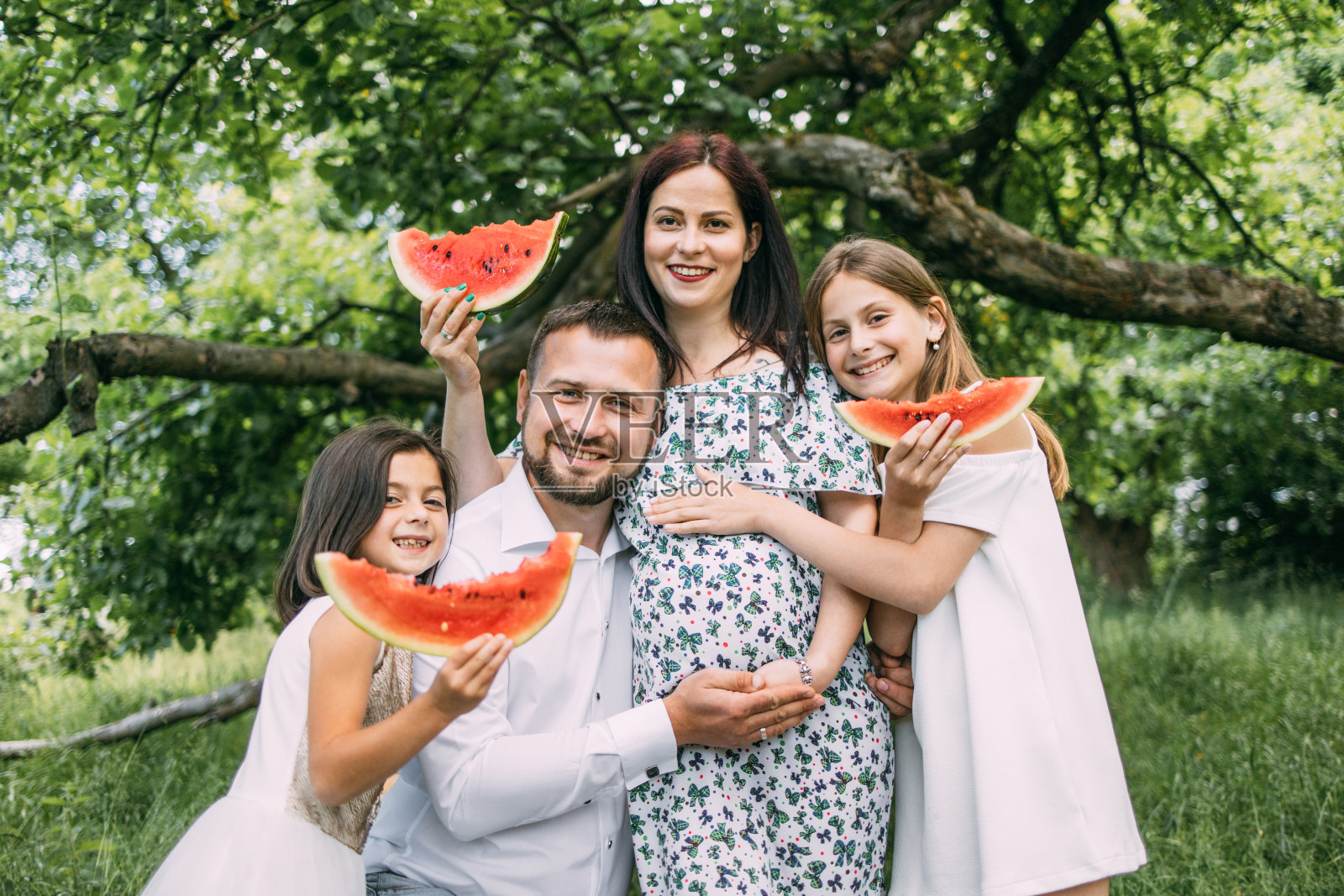 带着丈夫和孩子在户外的孕妇照片摄影图片