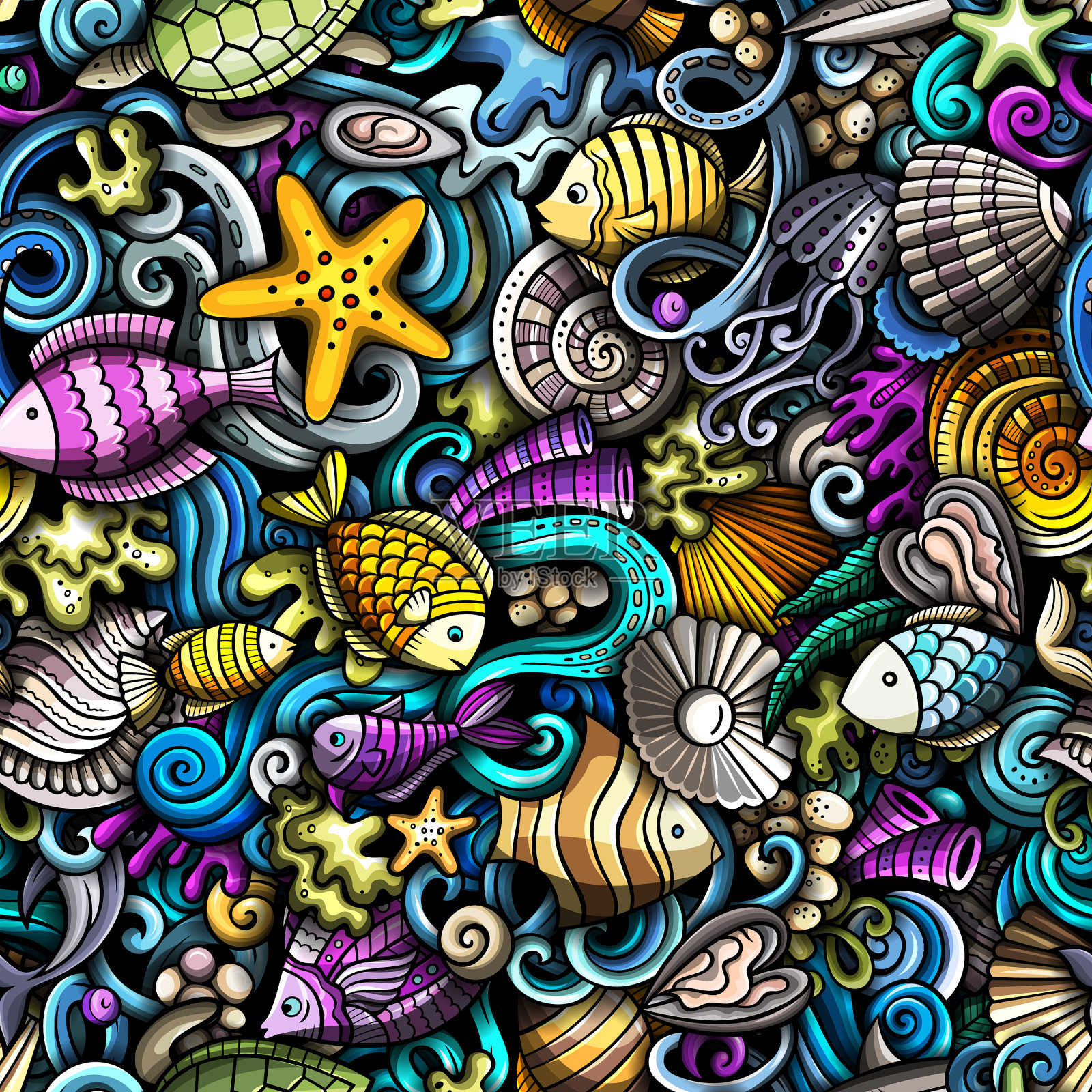 卡通涂鸦海洋生命无缝图案插画图片素材