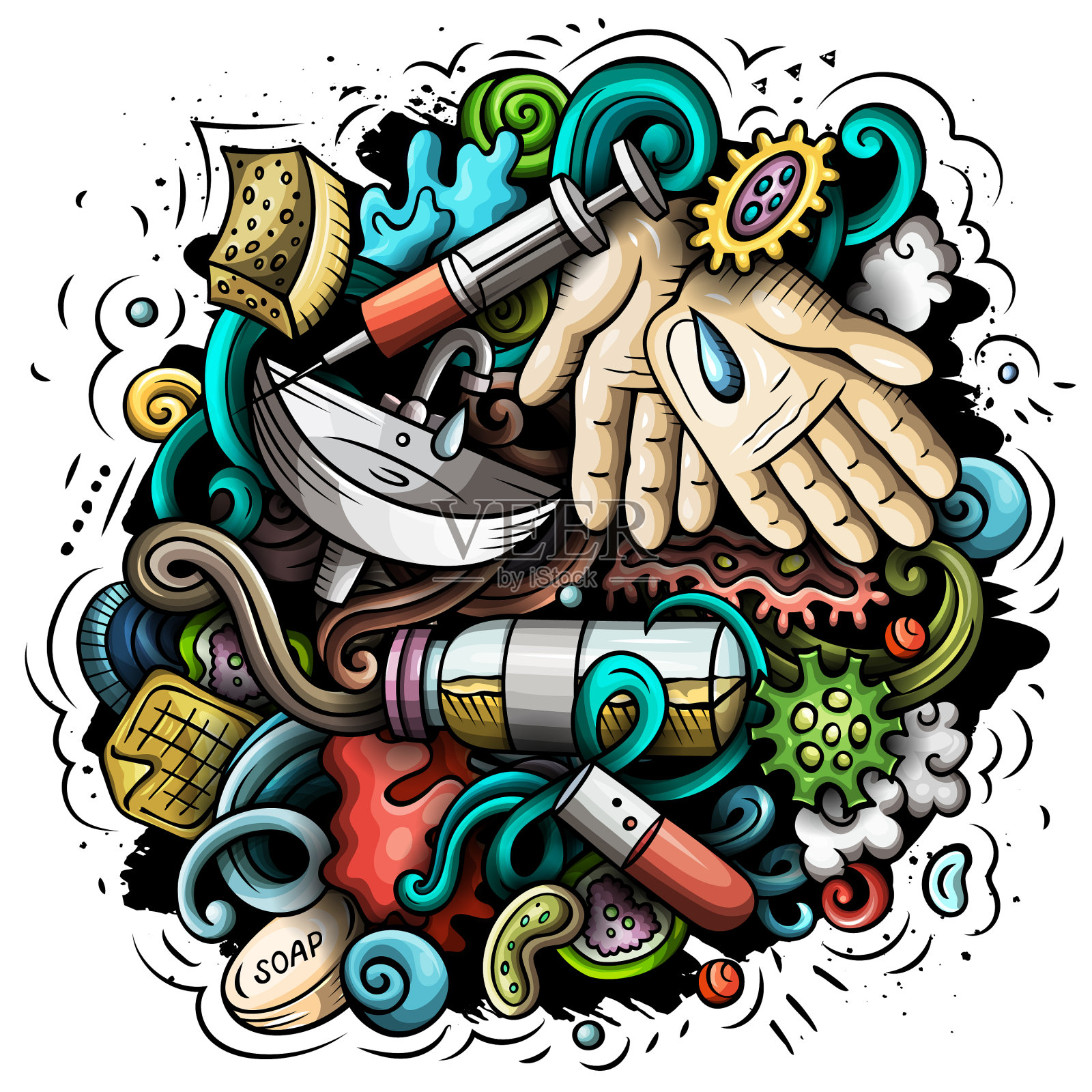 冠状病毒手绘卡通涂鸦色彩缤纷设计元素图片