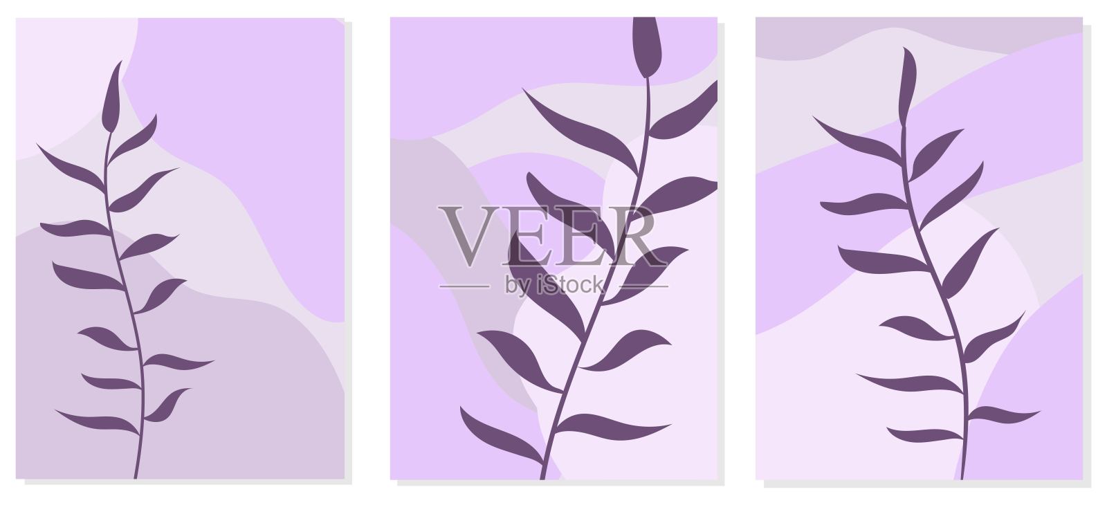 抽象的形状的叶子。极简主义艺术，现代时尚造型。连续的线。手绘叶向量集软紫色插画图片素材