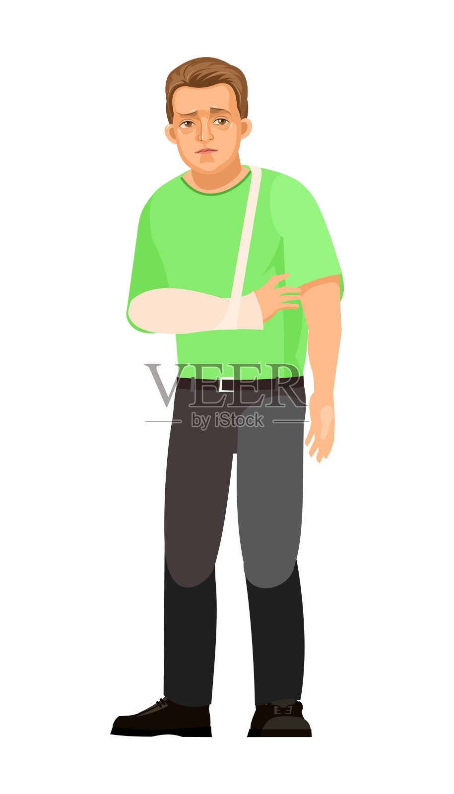 人生病了。手臂骨折，打上石膏。年轻的帅哥。伤心。穿着牛仔裤和t恤。痛苦的。单身是值得的。卡通平的风格。插图孤立在白色背景上。向量插画图片素材