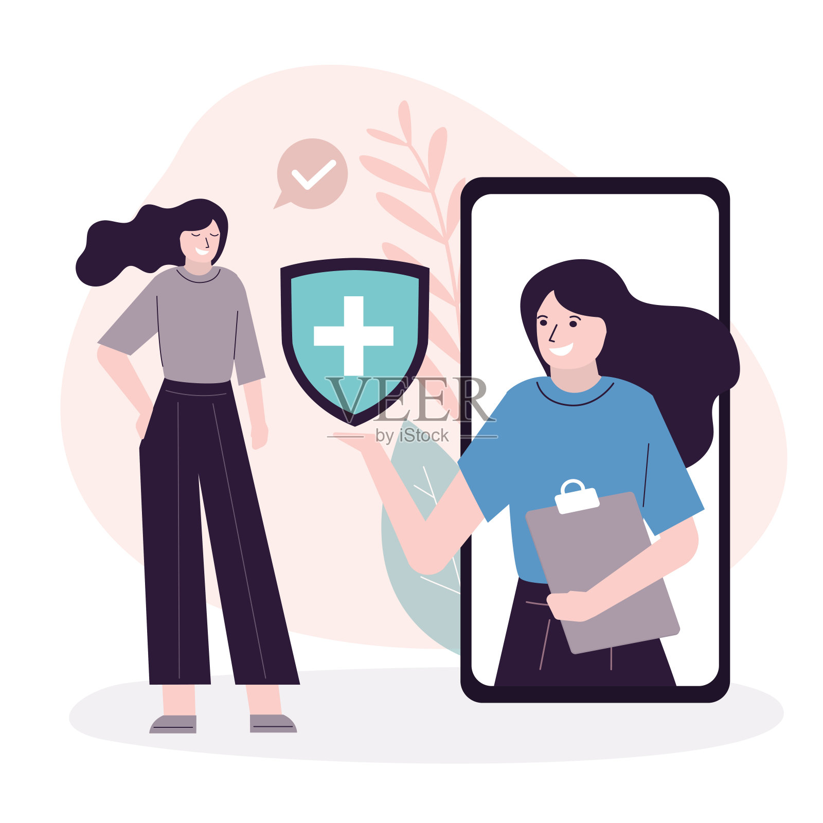 医院工作人员在电话屏幕上提出安排医疗保险。女医生咨询病人。健康保险的保护。在线医疗概念插画图片素材