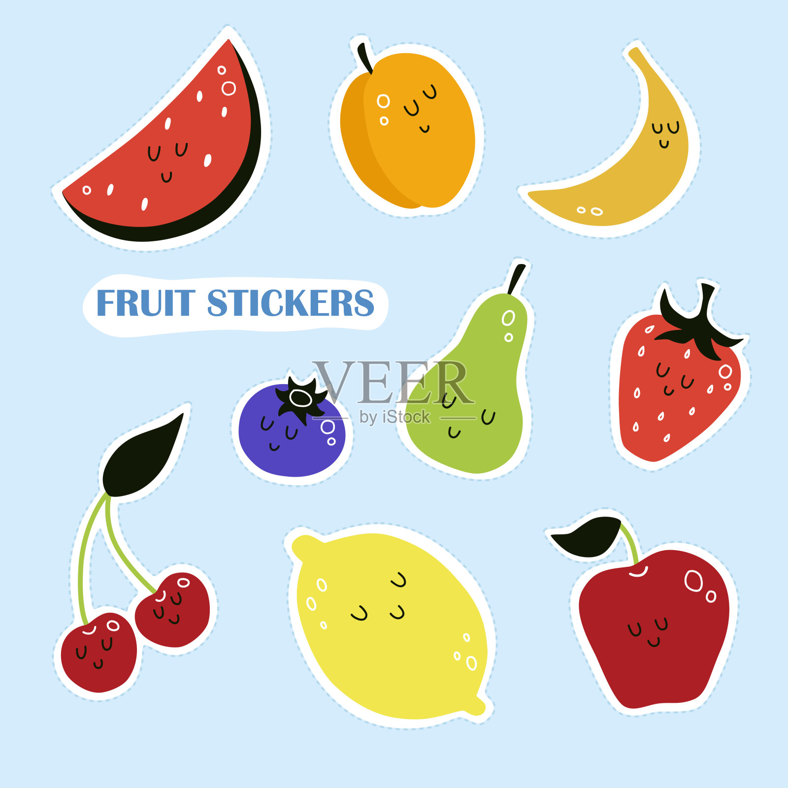 向量贴水果。孤立在蓝色背景上插画图片素材
