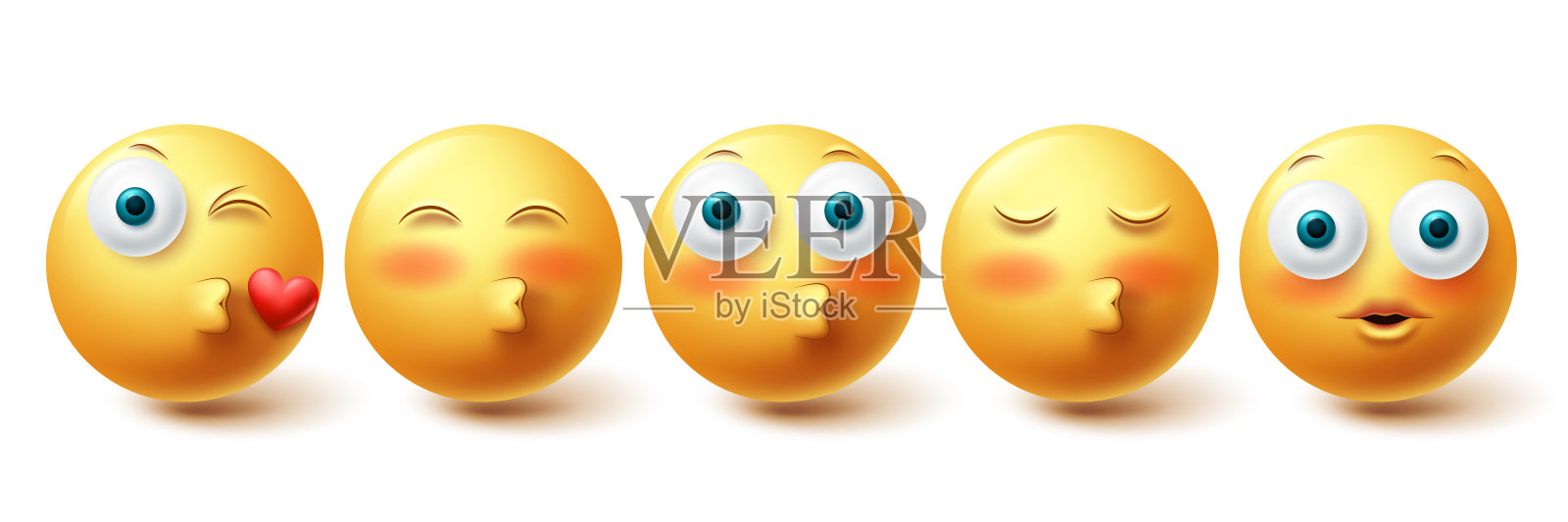 笑脸亲吻向量集。笑脸表情，脸红和在爱的图标收集插画图片素材