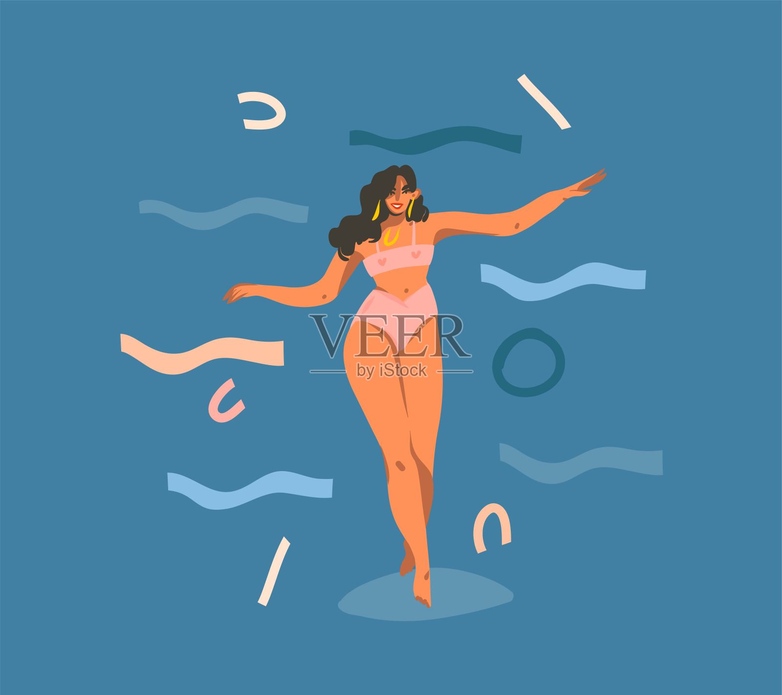 手绘矢量抽象图形卡通插图与年轻的微笑快乐，健康的女性角色跳舞和拼贴几何形状孤立的颜色背景插画图片素材