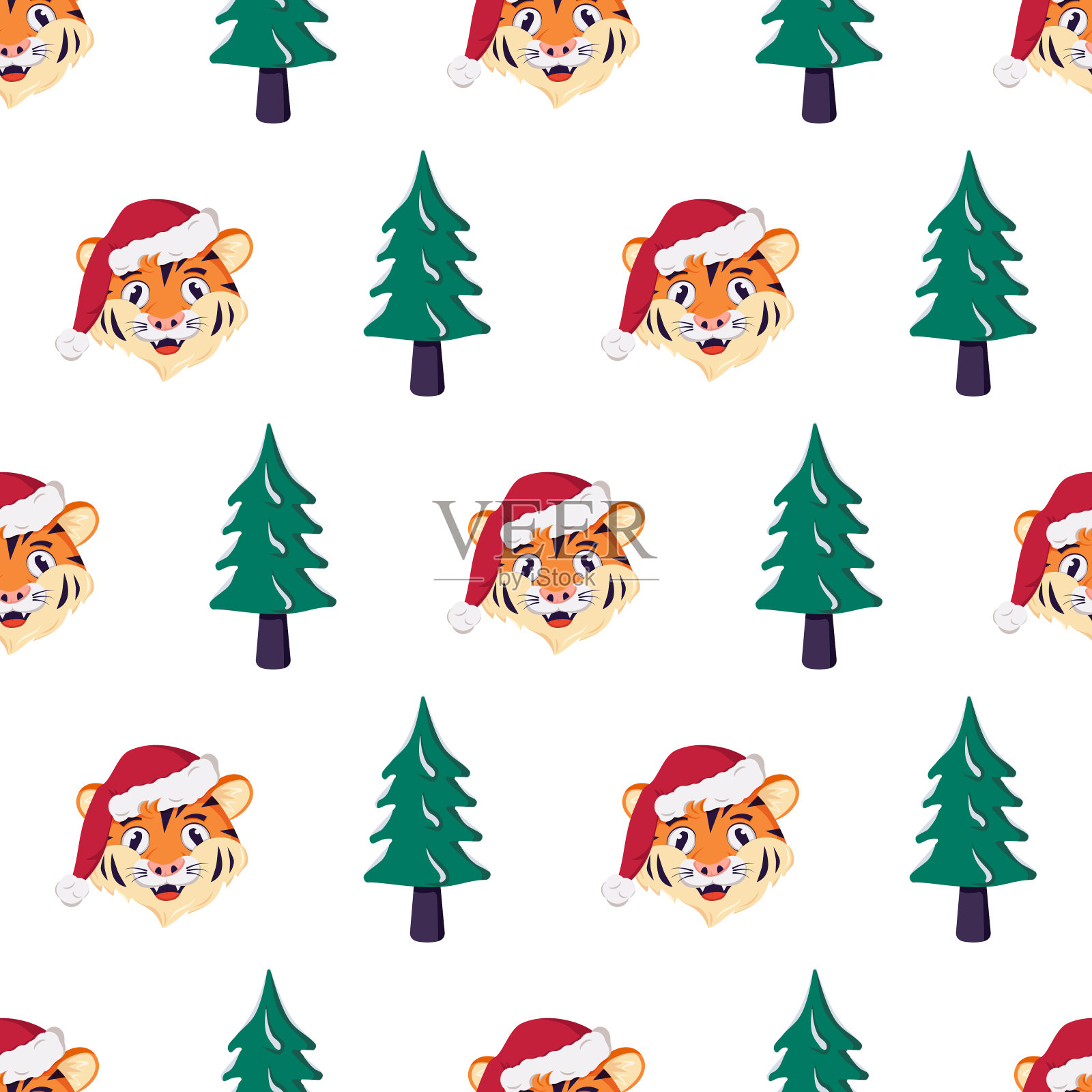一棵圣诞树和一只戴着红色圣诞帽的老虎的无缝图案插画图片素材