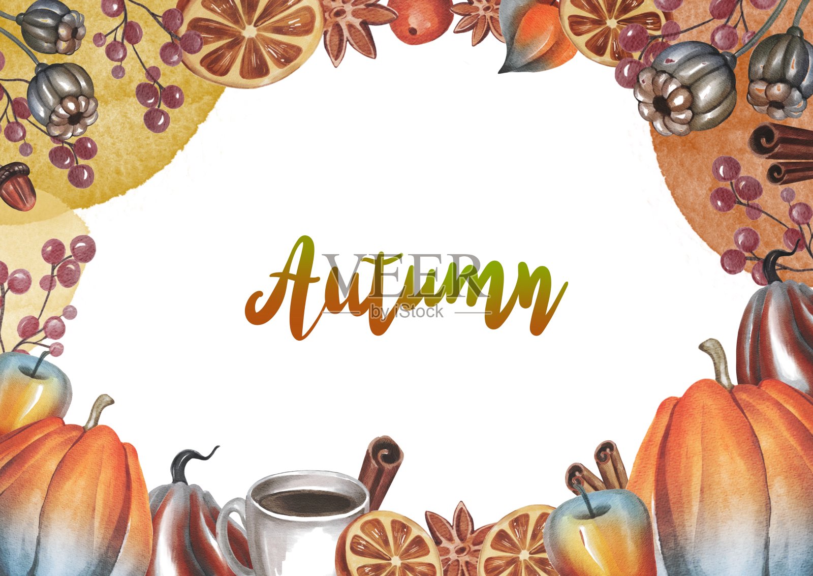 水彩手绘秋饰背景用刻字。用于海报，印刷，卡片，明信片，横幅，丰收节，商店，纺织品，模板，婚礼，生日插画图片素材