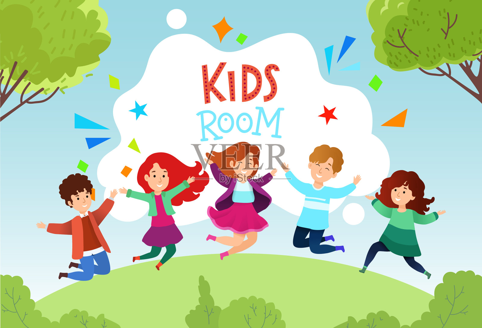 一群群欢快快乐的小朋友跳跃着插画图片素材