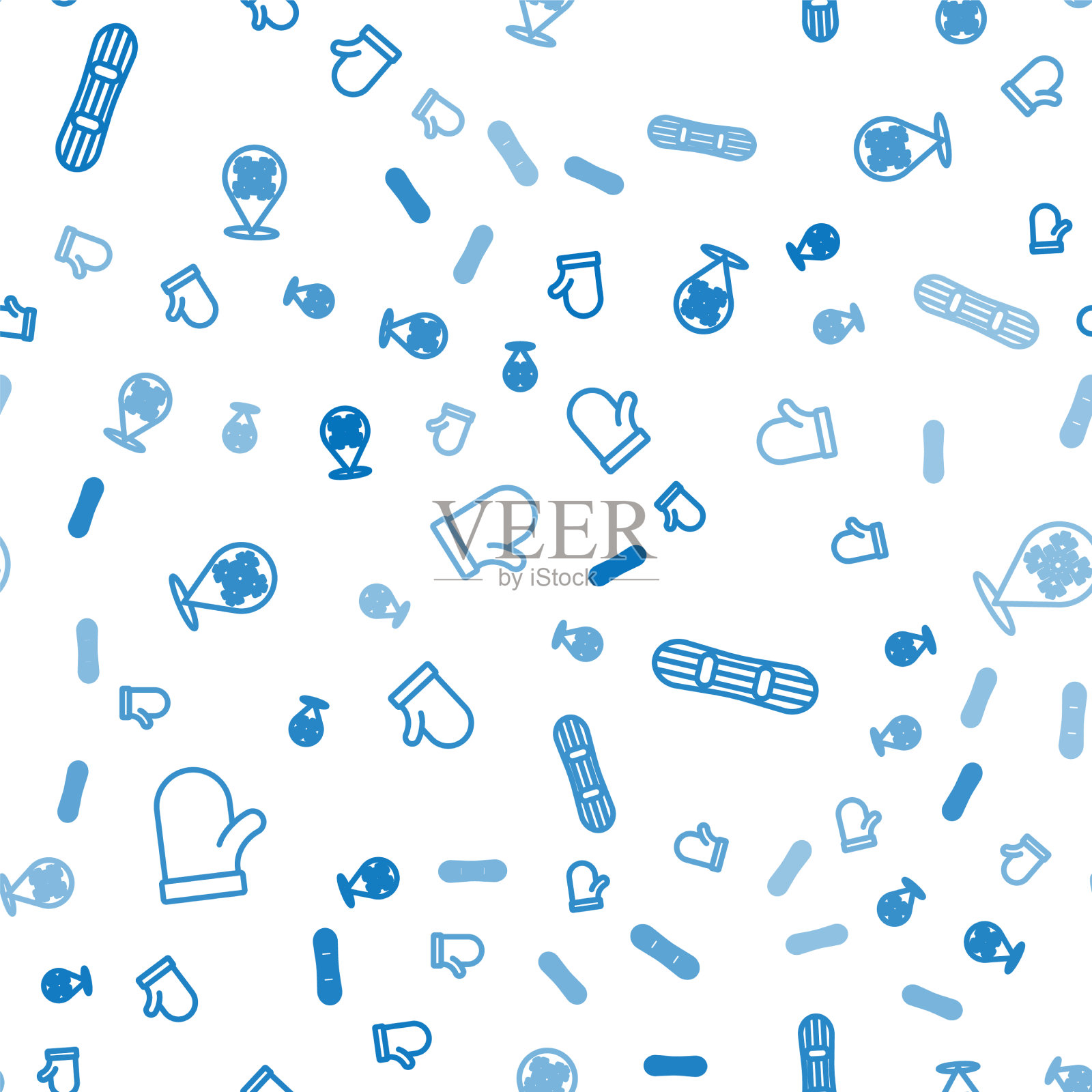 设置线圣诞手套滑雪板和雪花图标素材