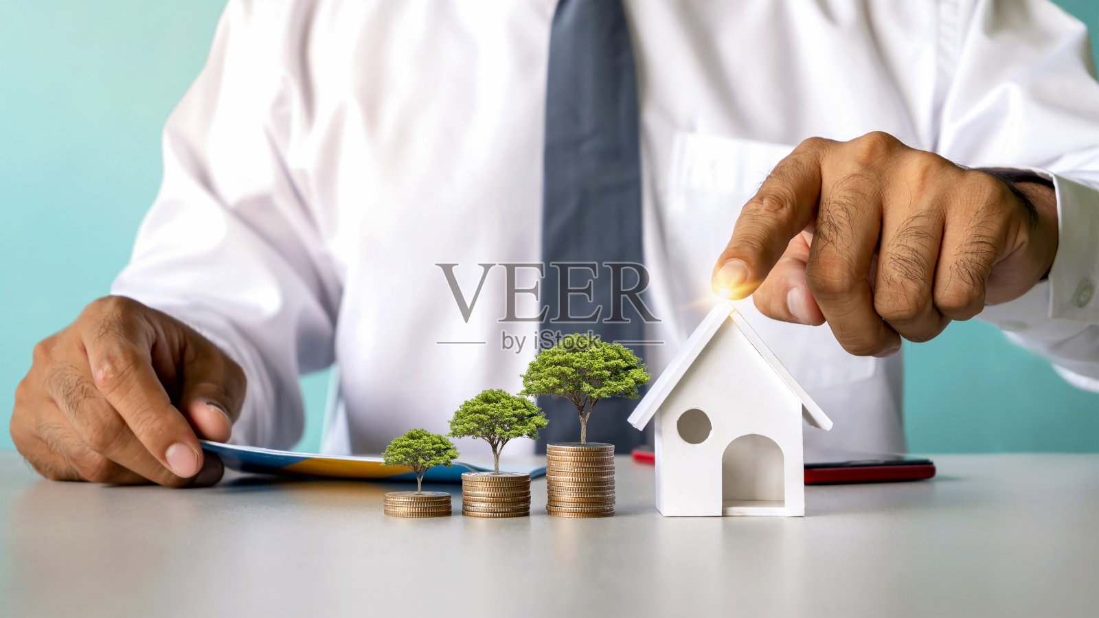 成堆的硬币上长出了树，投资者的手指向了样板房、贷款概念、金融、抵押贷款和住宅房地产。照片摄影图片