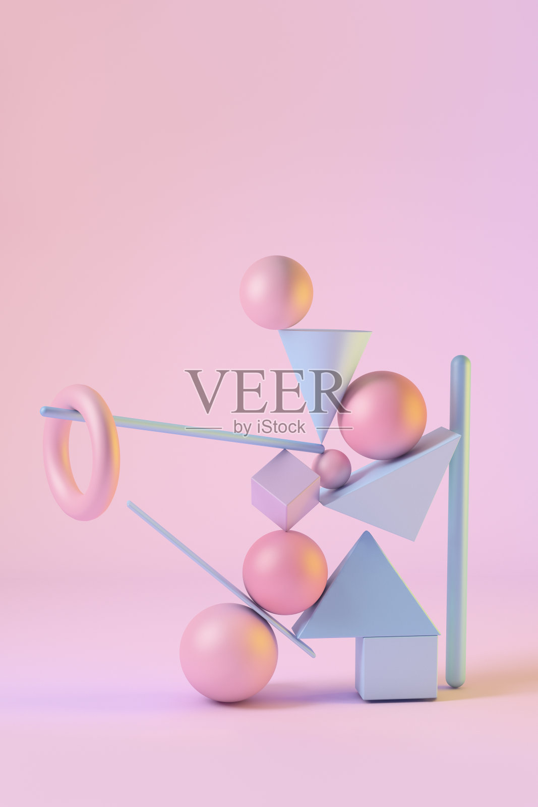 抽象三维渲染场景的几何形状在平衡。球形，三角形，正方形，公牛，粉色和蓝色的圆锥。插画图片素材