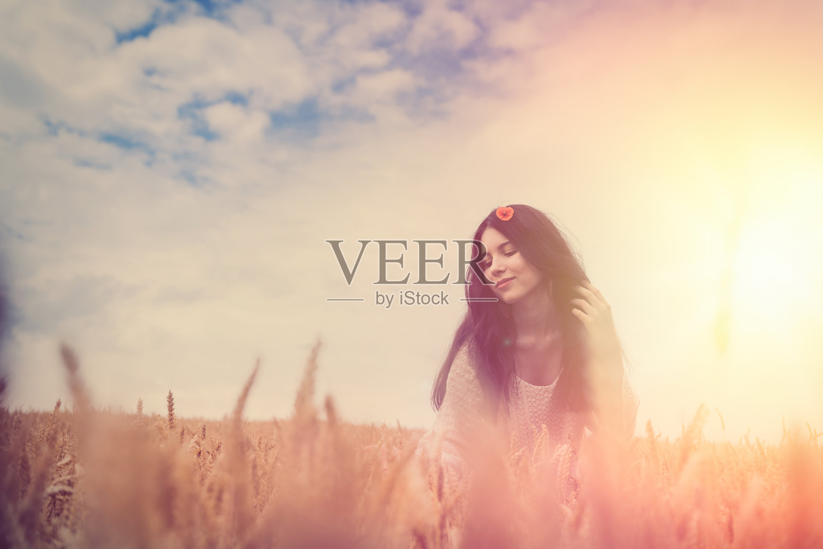 美丽的模特穿着时装走过一片成熟的麦田照片摄影图片