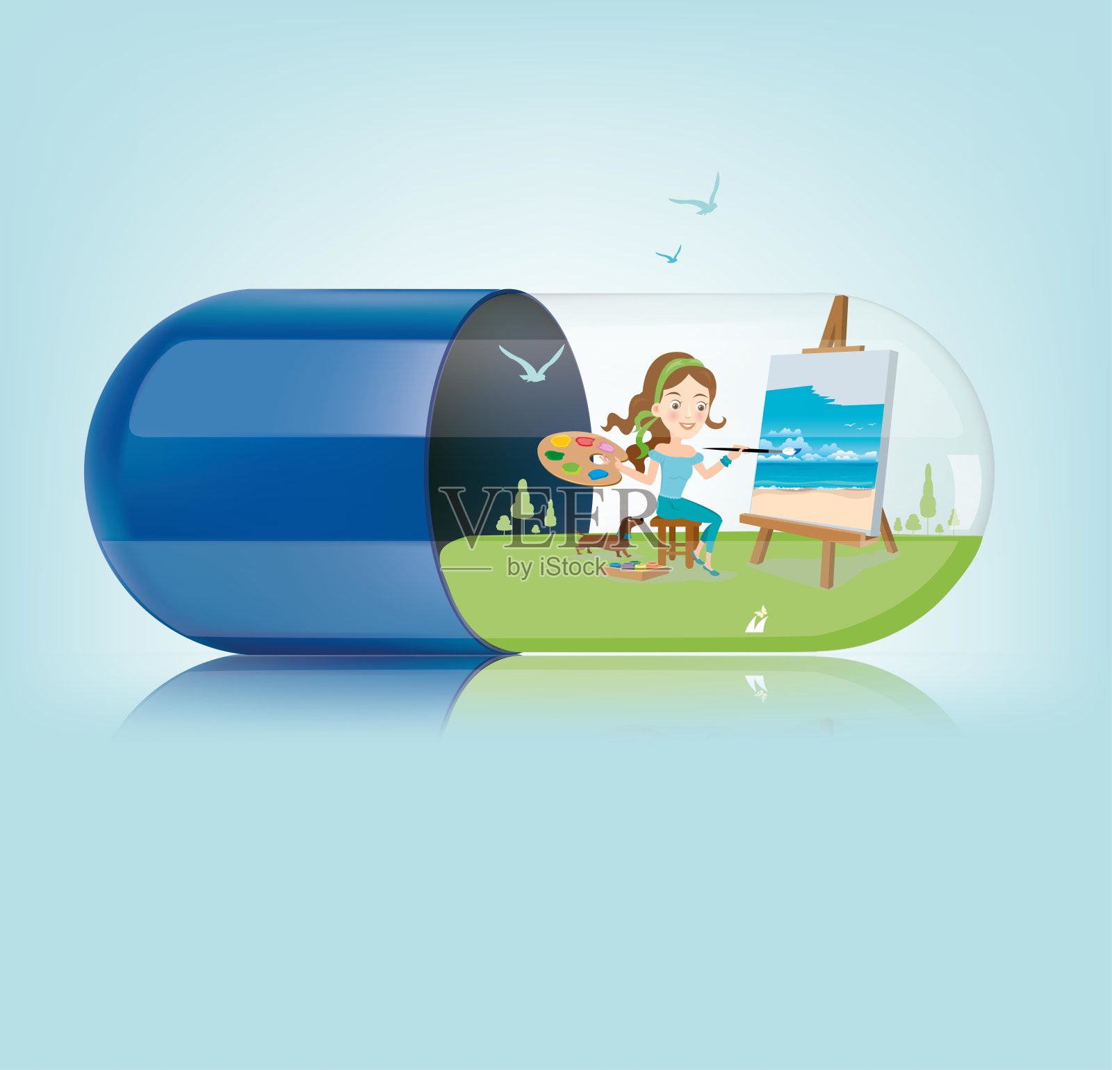 医学蓝色胶囊与女人画在蓝色的背景。矢量图插画图片素材