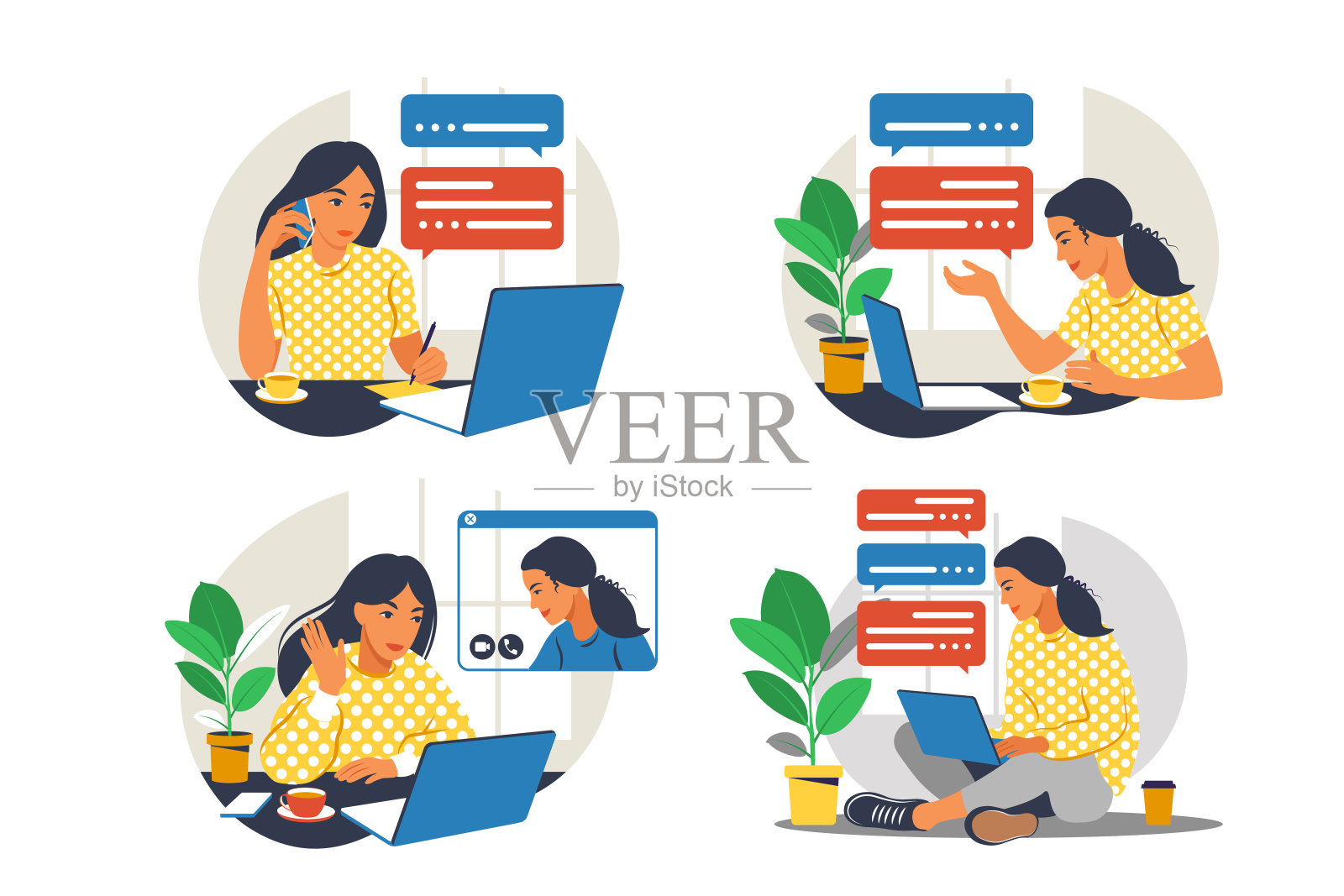 扶手椅上有笔记本电脑的女孩。用电脑工作。自由职业者，在线教育或社交媒体概念。在家工作，远程工作。平的风格。矢量插图。蓝色的内部。集。插画图片素材