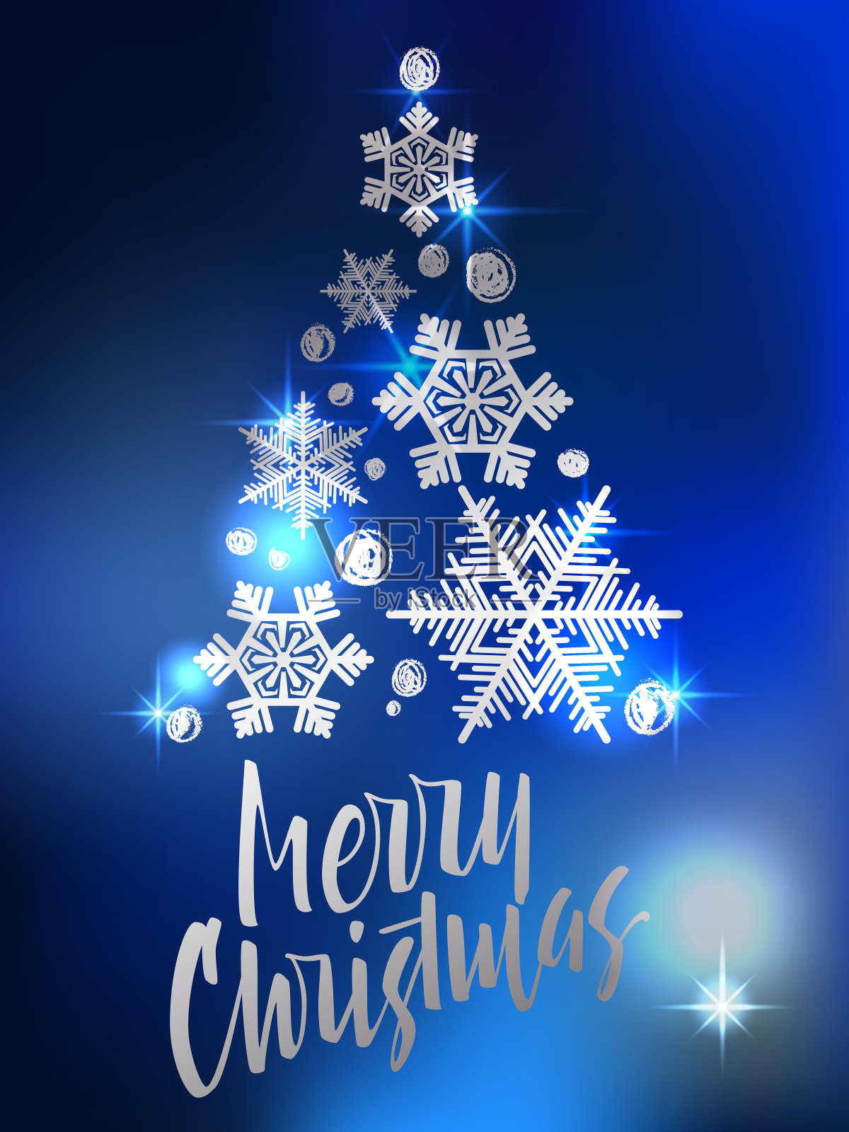 圣诞快乐刻字。用雪花做成的圣诞树的圣诞海报。蓝色闪光背景上的现代手写字母。插画图片素材