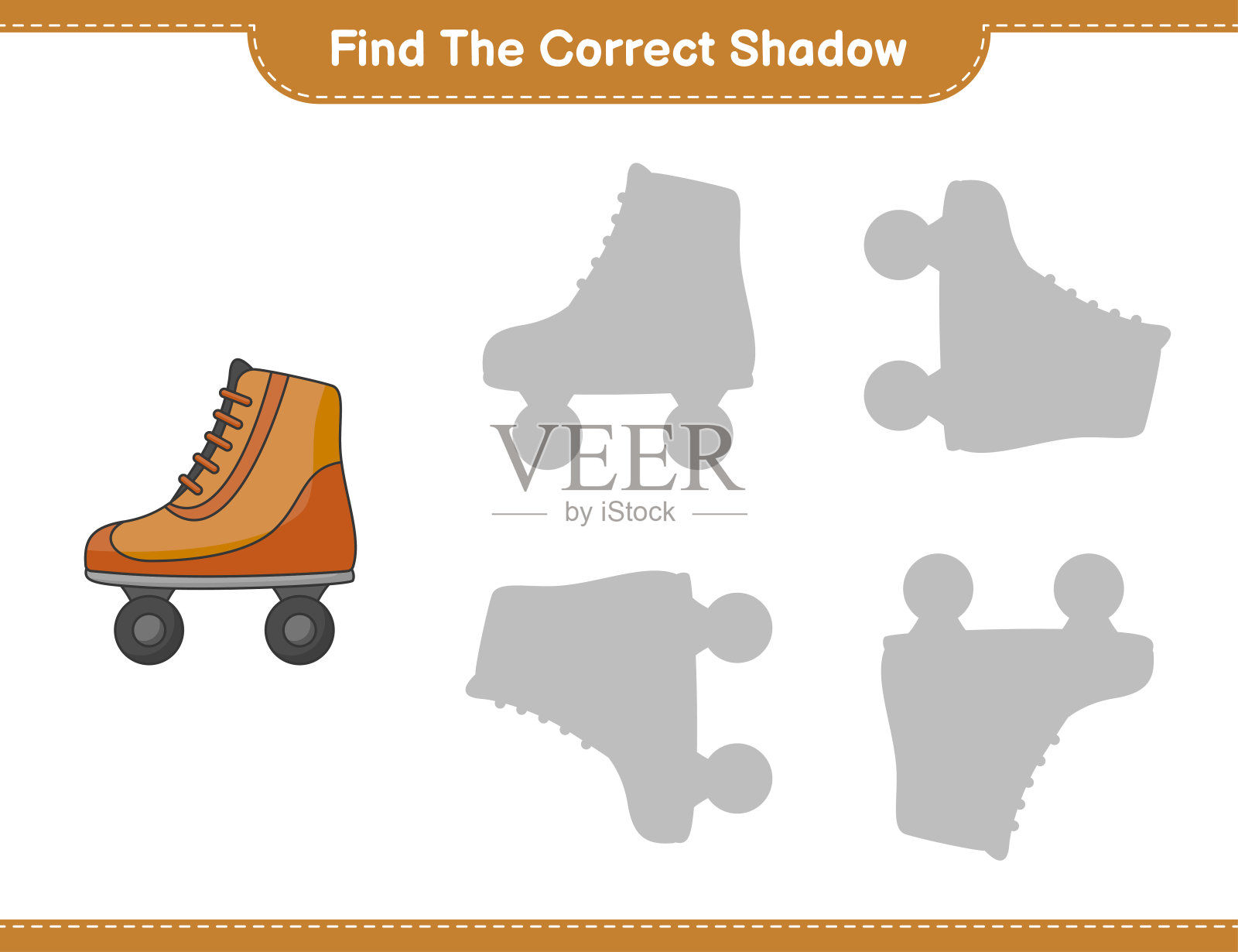 找到正确的阴影。找到和匹配正确的影子轮滑。教育儿童游戏，可打印的工作表，矢量插图插画图片素材
