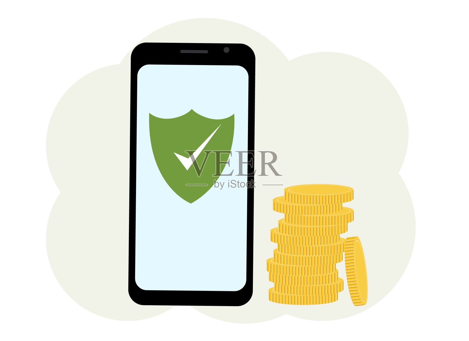 手机里有杀毒软件。附近有许多硬币插画图片素材