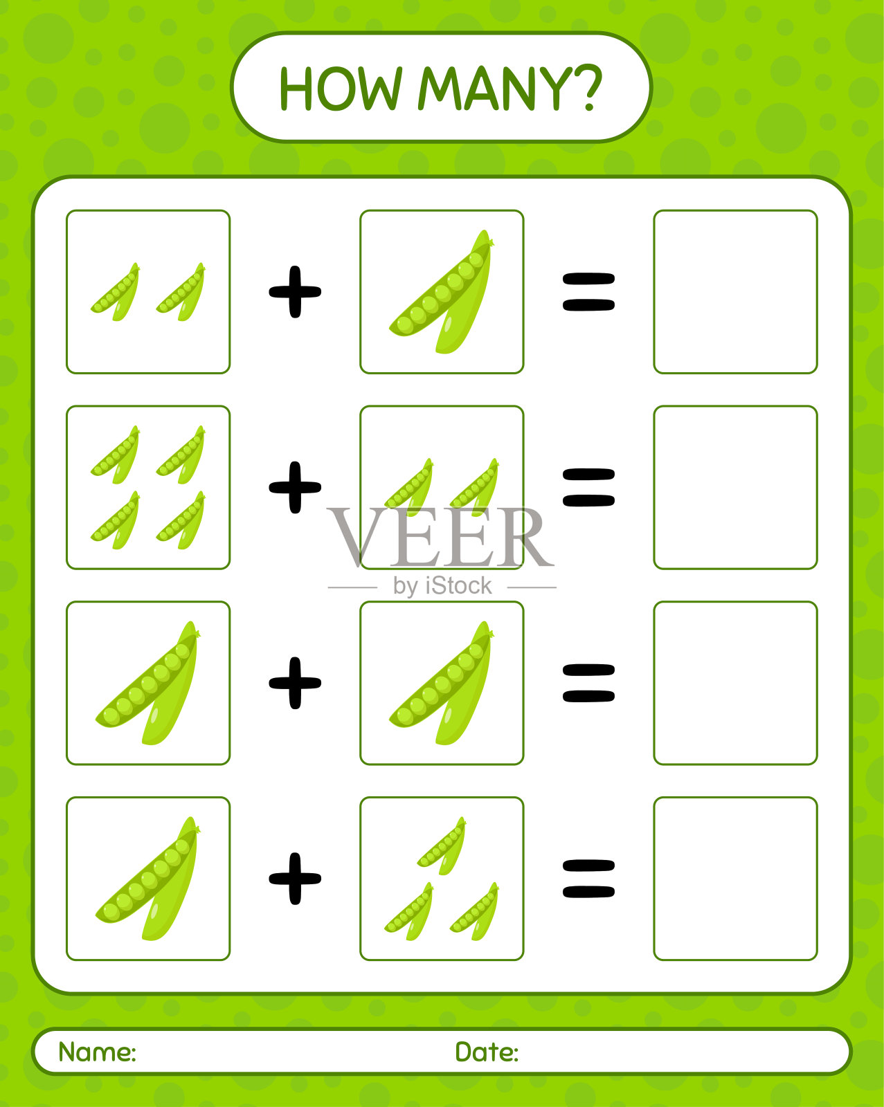 多少人用豌豆数游戏。学龄前儿童的工作表，儿童活动表，可打印的工作表插画图片素材