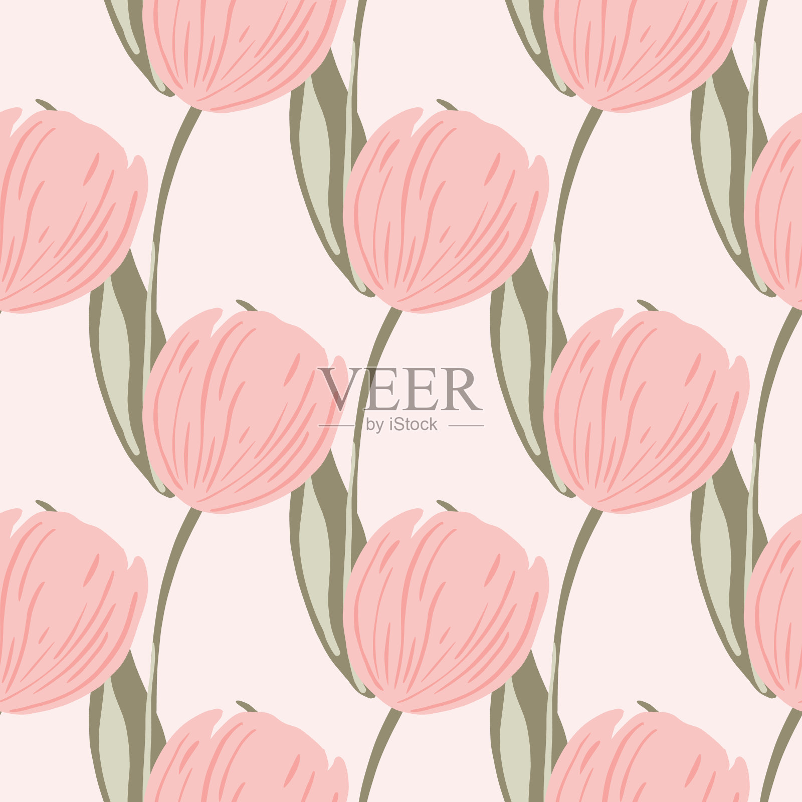 手绘花无缝模式与粉红色郁金香花印花。光背景。手绘装饰。插画图片素材