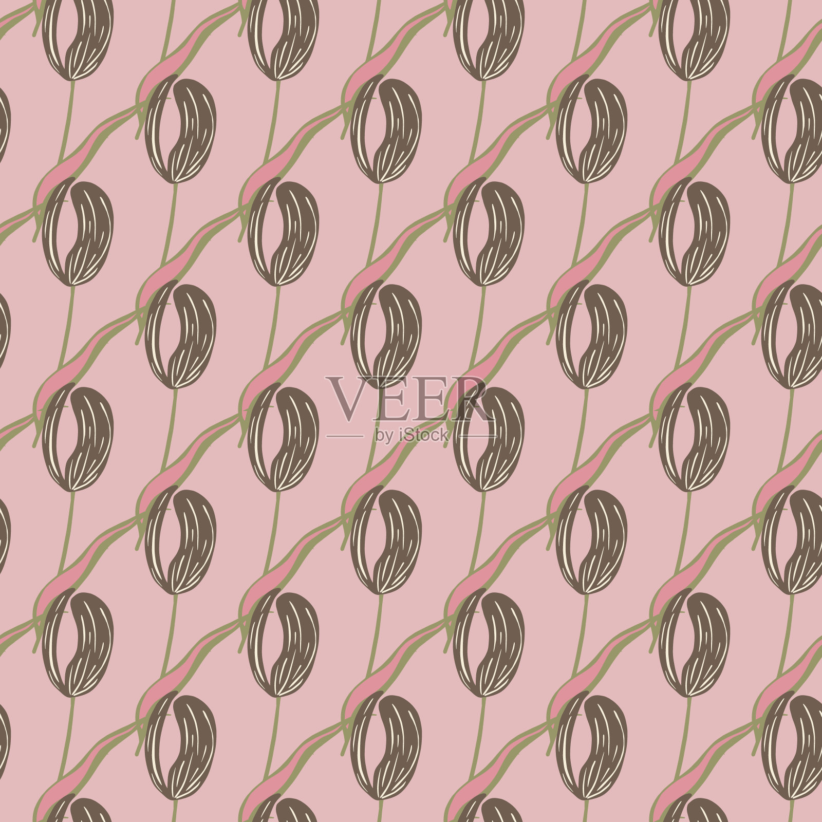 手绘无缝图案与简单的郁金香小花华丽的印花。淡粉色的背景。涂鸦背景。插画图片素材