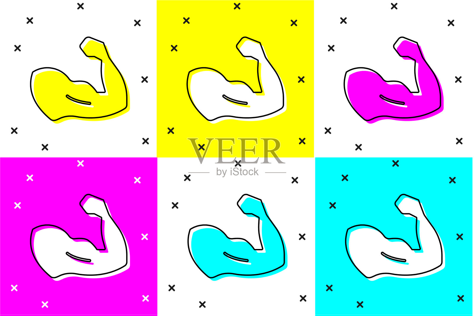 设置健美运动员显示他的肌肉图标孤立图标素材