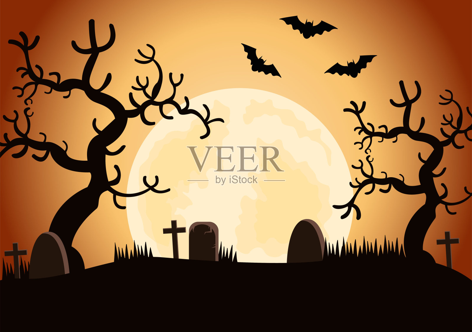 万圣节晚会登陆页插图女巫，鬼屋，南瓜，蝙蝠和满月。背景，旗帜，墙纸，或小册子插画图片素材