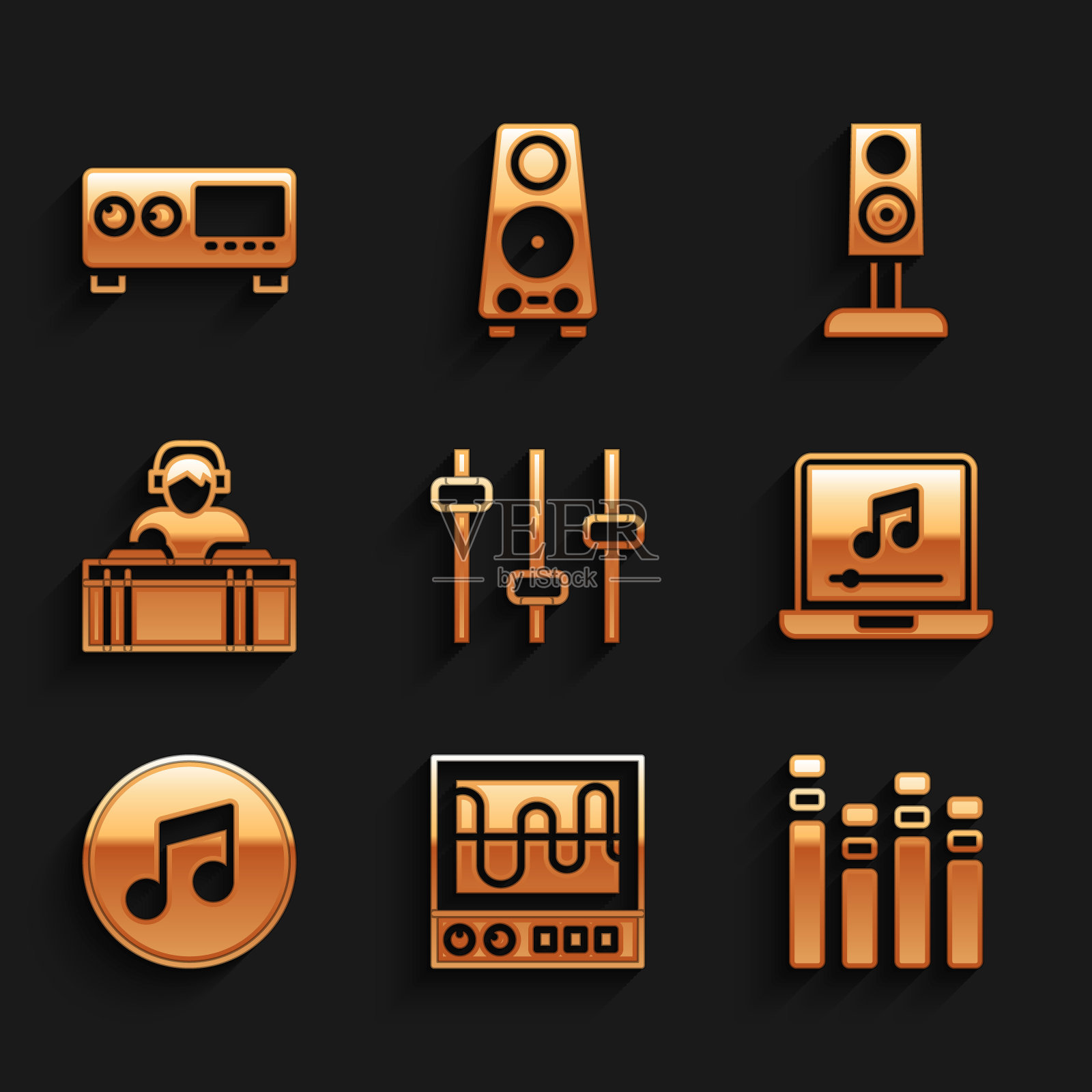 设置音乐均衡器，示波器，笔记本电脑与音乐音符，音符，音调，DJ播放，立体声扬声器和吉他放大器图标。向量图标素材