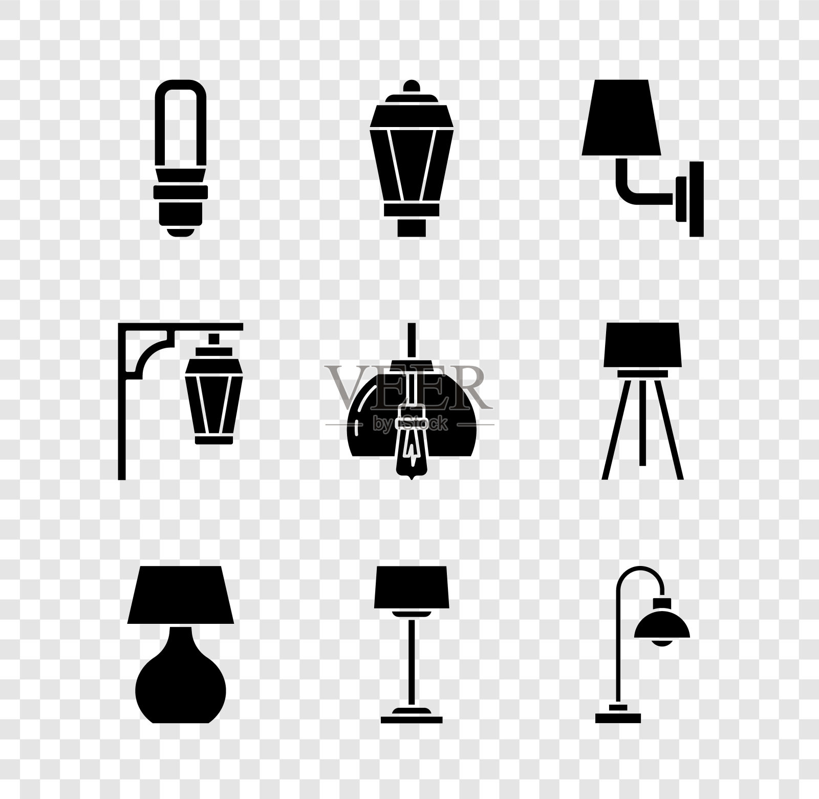设置LED灯泡，花园灯，墙或壁灯，桌子，地板，复古街道和吊灯图标。向量图标素材