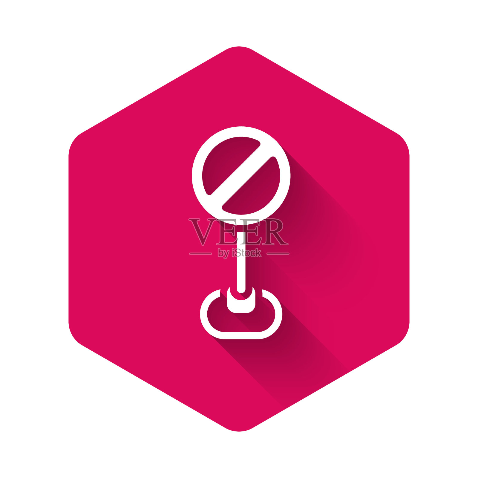 白色停止标志图标孤立与长阴影背景。交通管制警告停车标志。粉红色的六角按钮。向量插画图片素材