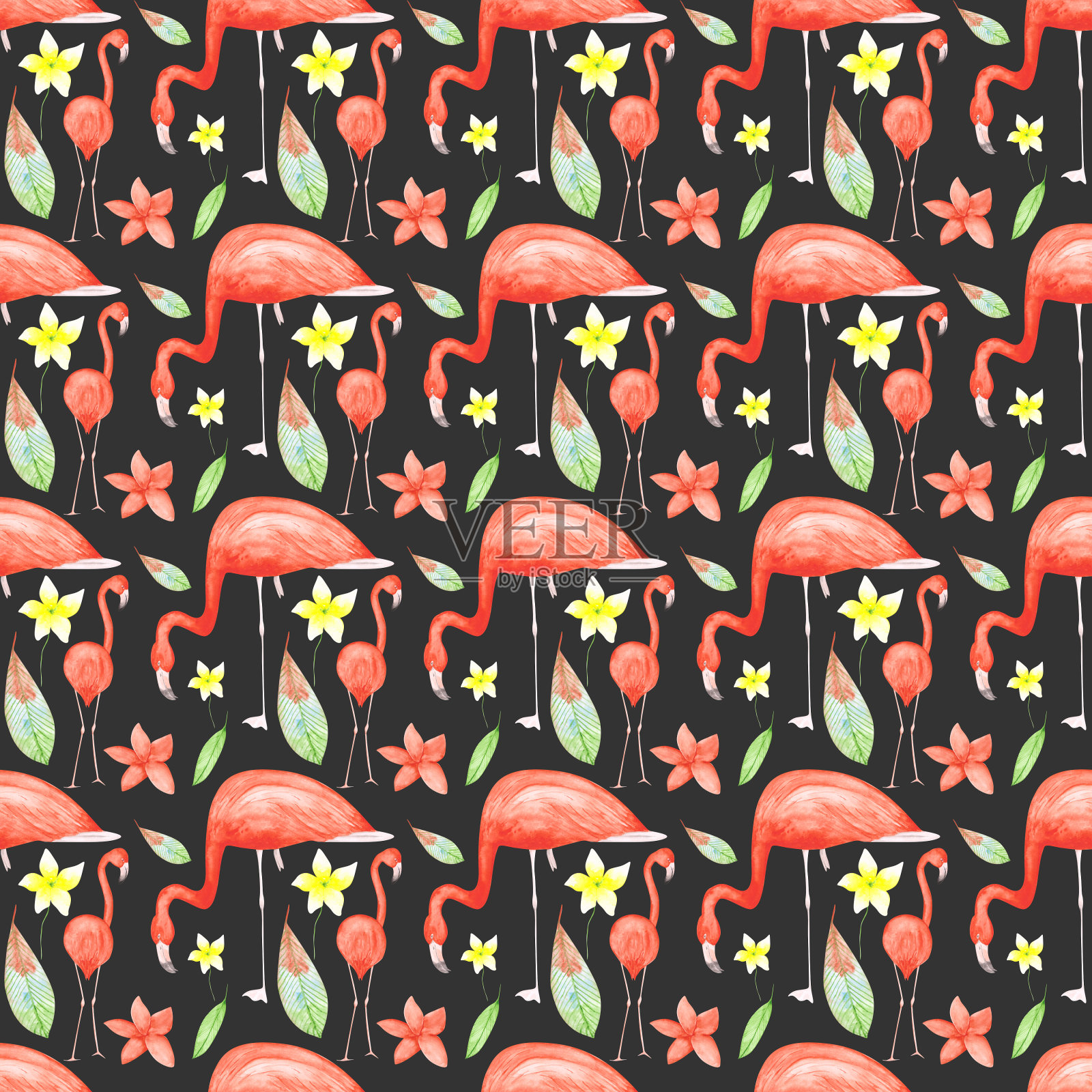 水彩火烈鸟无缝模式上的深灰色背景。手绘的粉红色热带鸟类和异国情调的花朵无尽的打印。彩色的火烈鸟和热带植物墙纸。插画图片素材