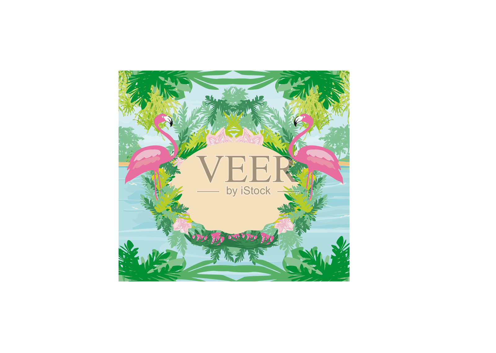 热带框架-绿色棕榈树和粉红色火烈鸟插画图片素材