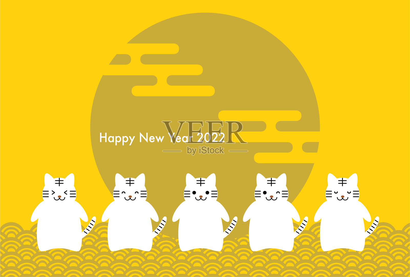 2022年的新年贺卡。今年是虎年。矢量插图。白虎与日本传统图案。插画图片素材