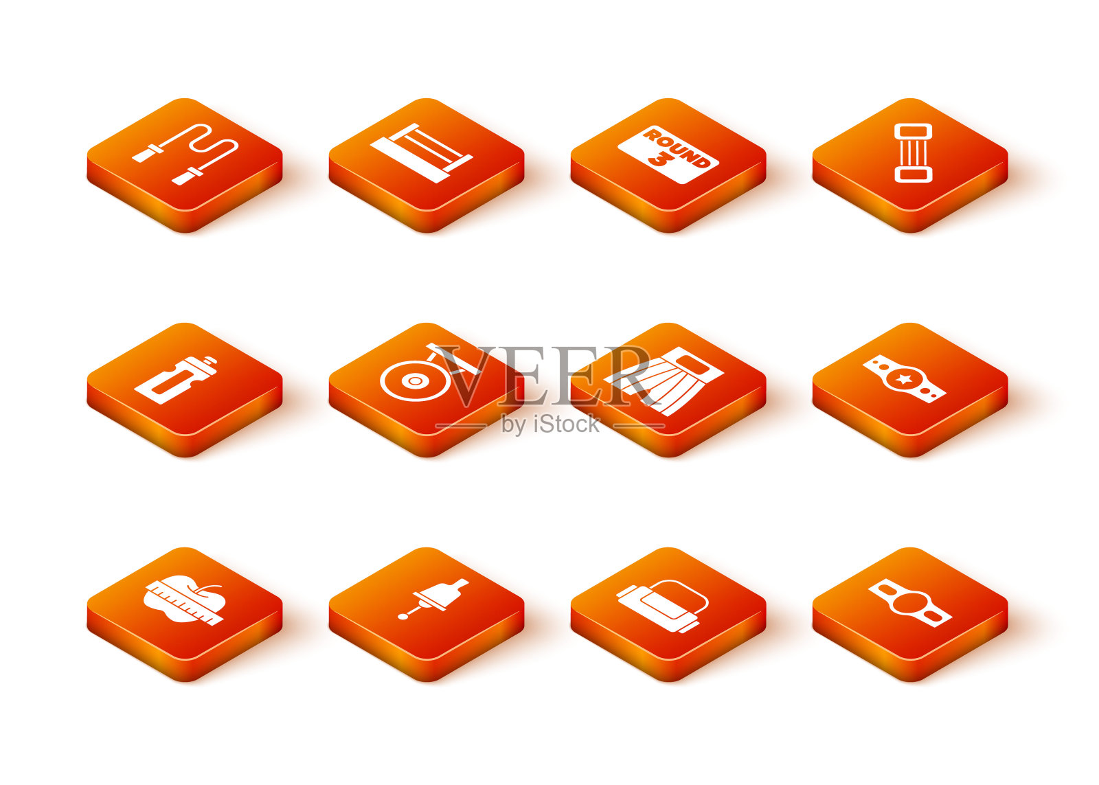 设苹果和卷尺，摇铃，健身摇铃，锣，运动包，拳击短，皮带和图标。向量图标素材