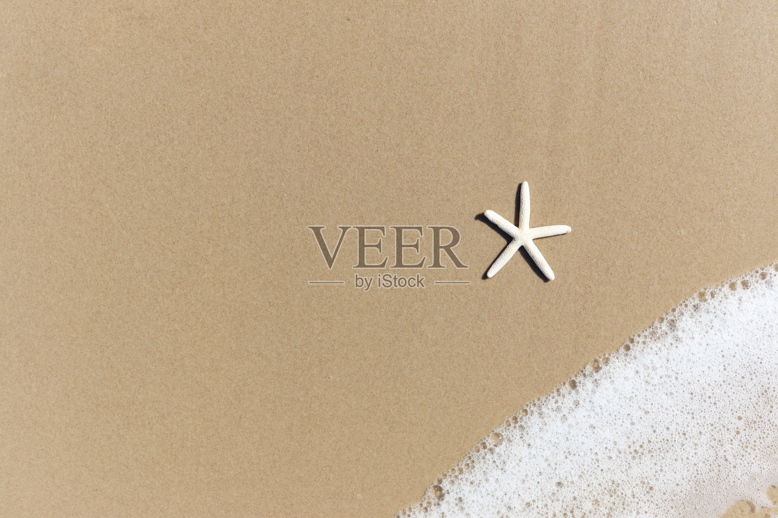 海星与白色泡沫的沙滩，美丽的热带夏季沙滩背景休闲度假的自然风光，蓝色的海浪撞击沙滩岛与拷贝空间。照片摄影图片