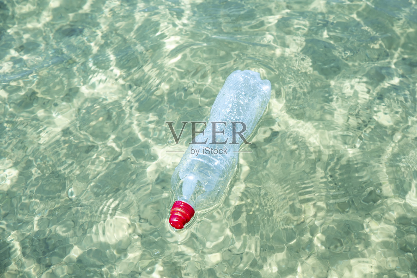 塑料瓶在池塘里。污染的概念。照片摄影图片