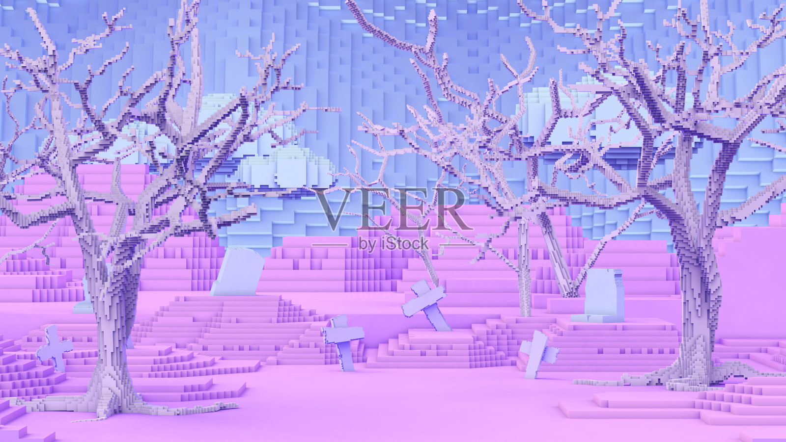 3D渲染像素艺术风格的墓地与山上有干树和背景天空与云，万圣节装饰概念。照片摄影图片