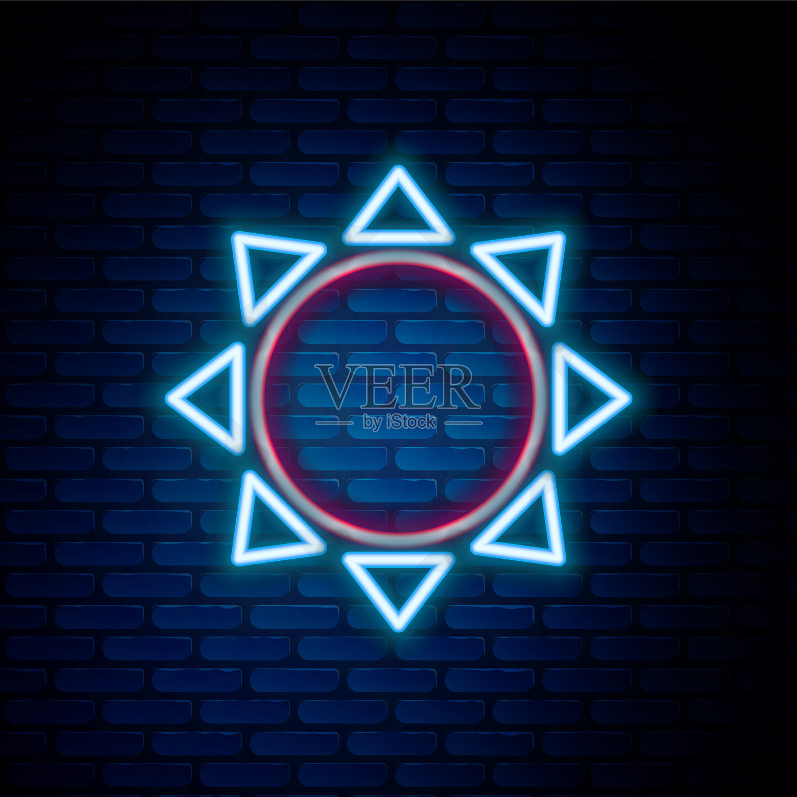 发光的霓虹灯线太阳图标孤立在砖墙上插画图片素材