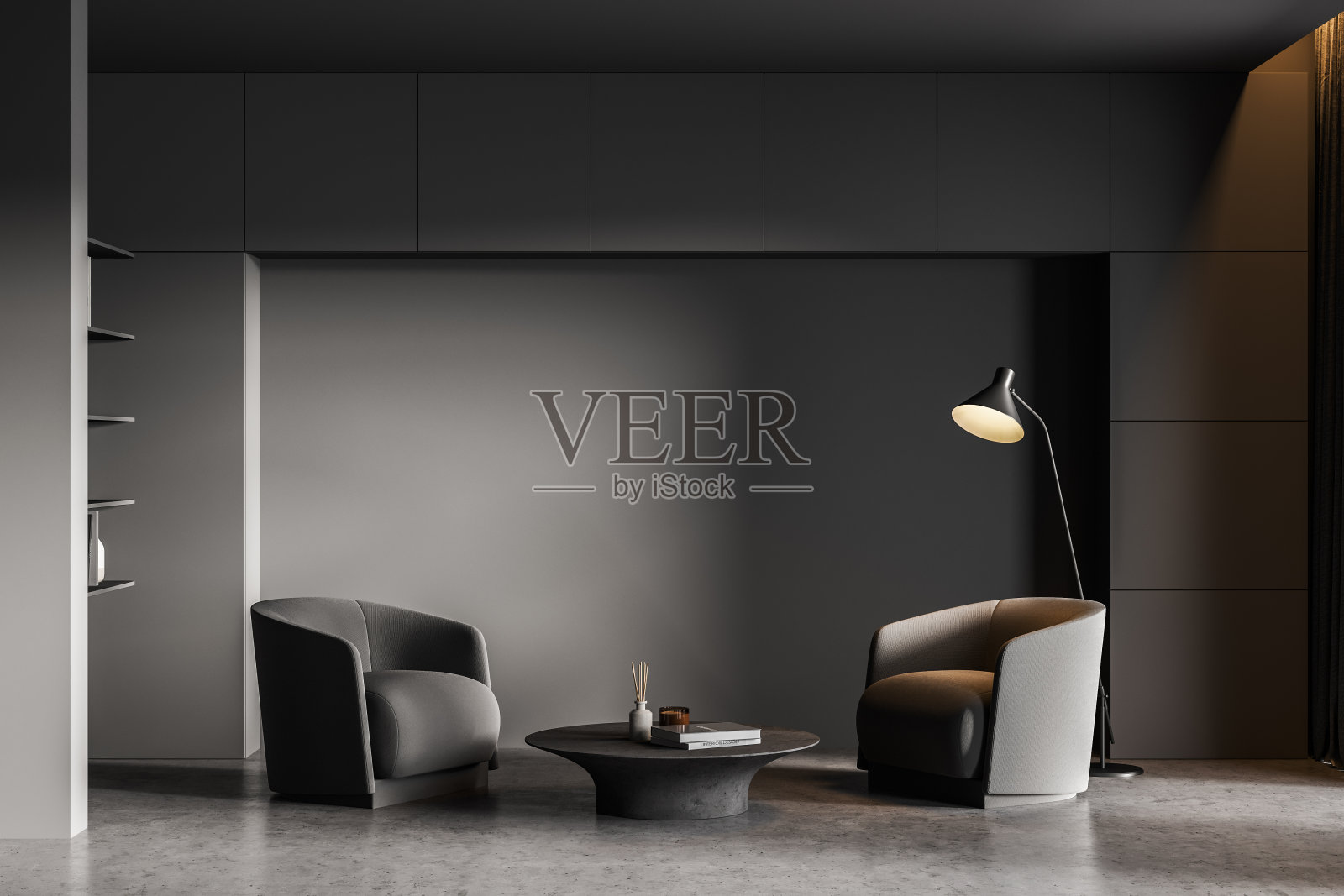 简约的灰色客厅，有两把扶手椅和一张咖啡桌照片摄影图片