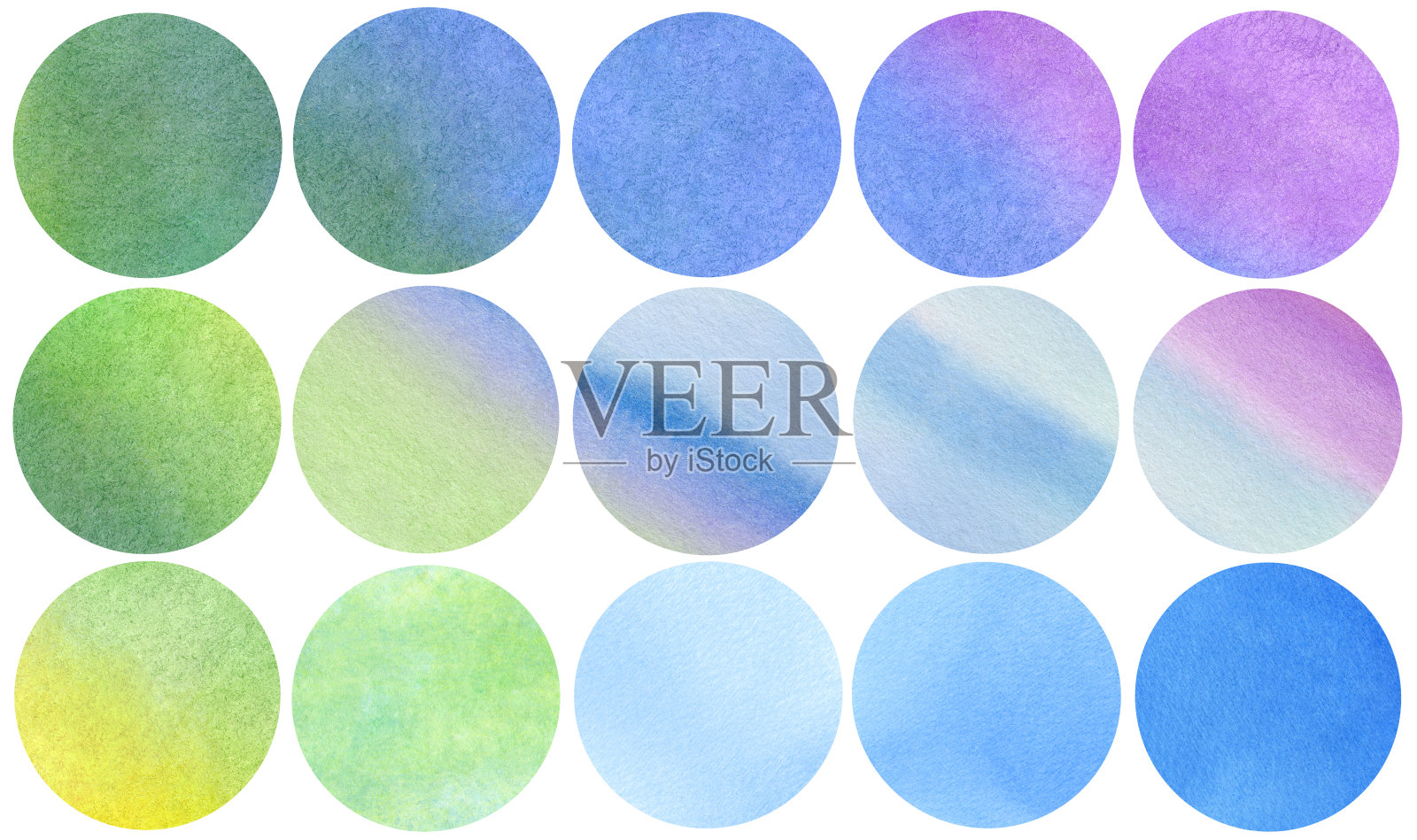 抽象水彩圈收藏在蓝、紫、绿、黄的颜色。水彩污点设置孤立的白色背景。水彩画调色板。水彩手画圈收藏。照片摄影图片