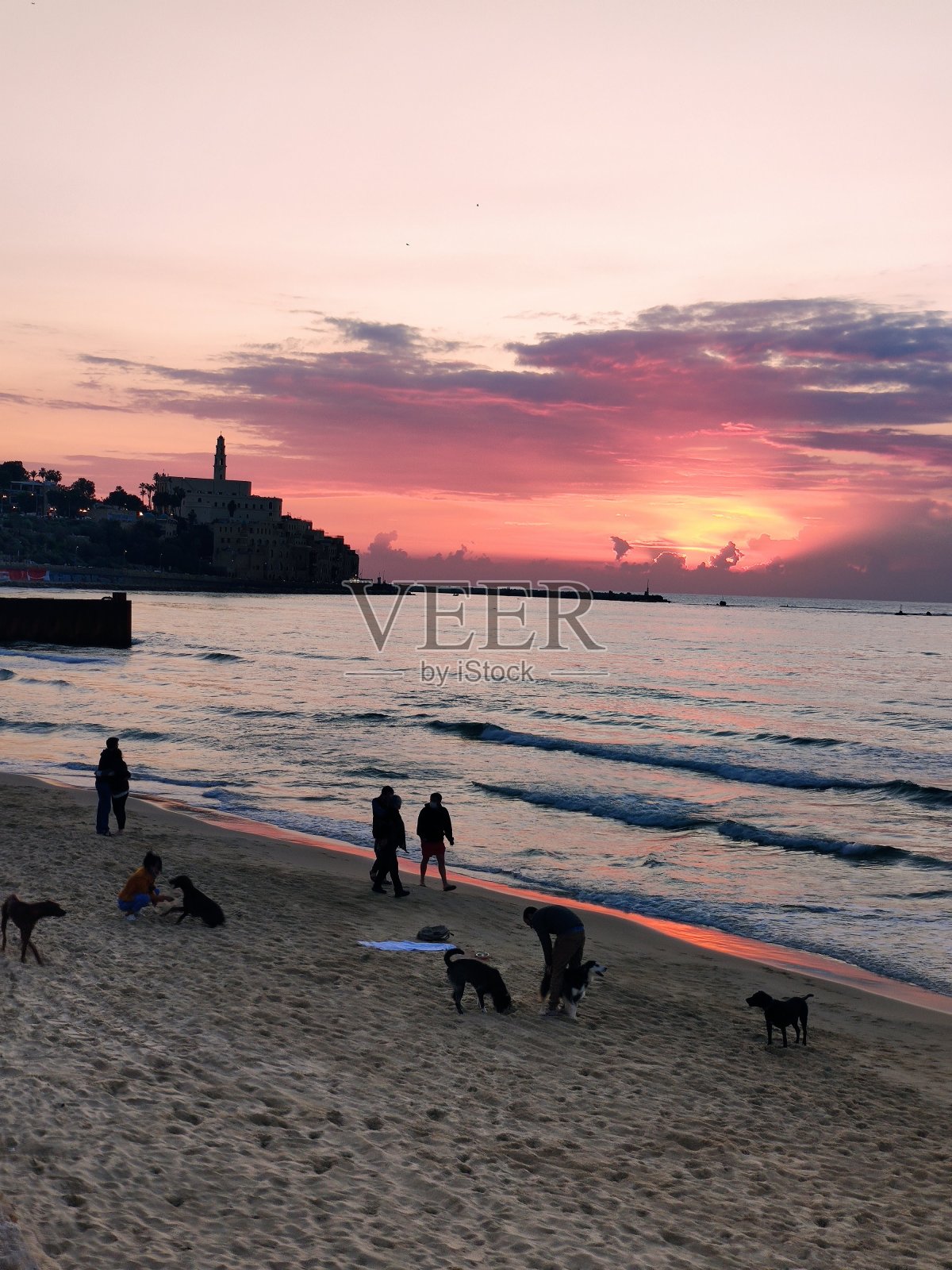 海滩上的粉紫色日落照片摄影图片