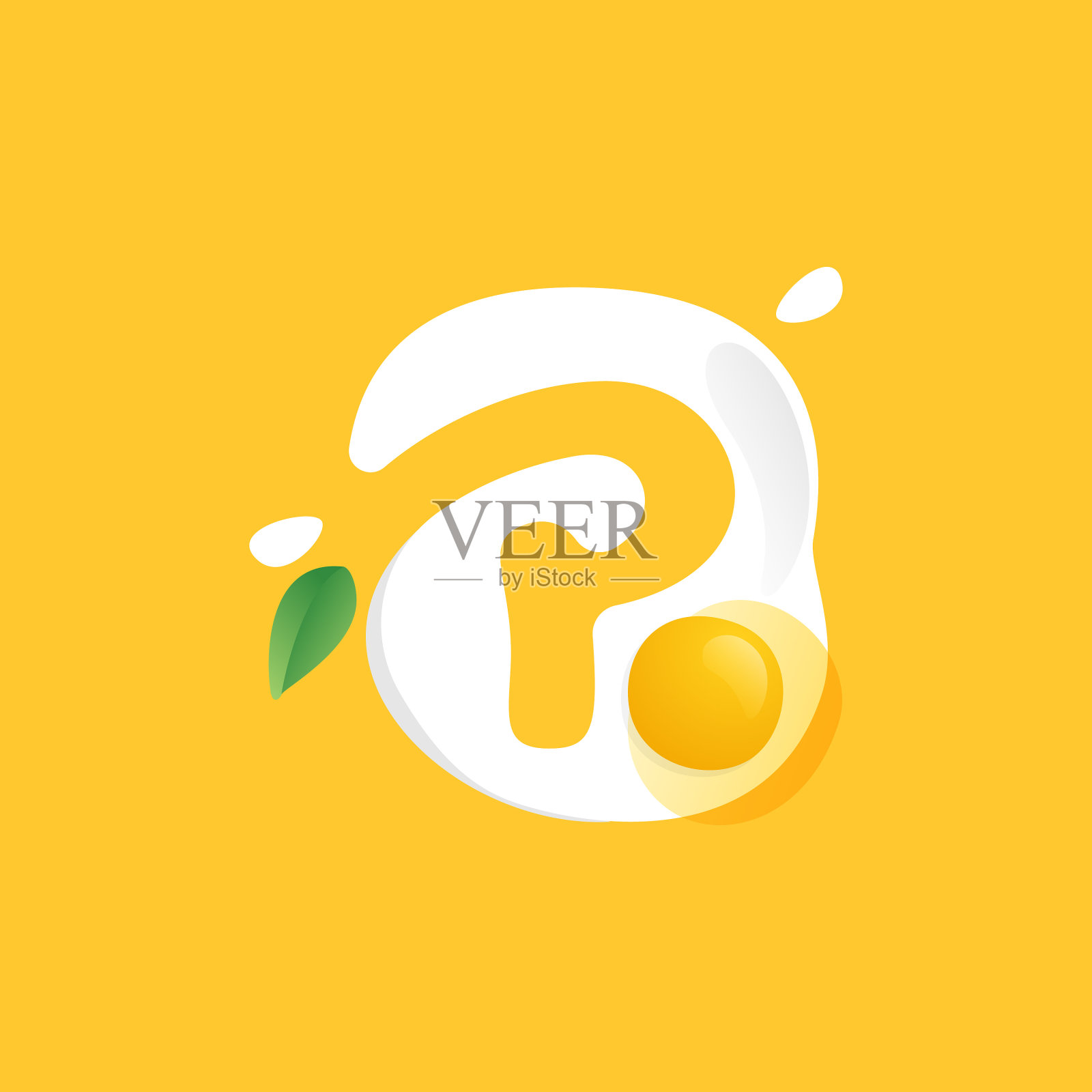 一个带有绿色叶子的煎蛋上的字母p标志插画图片素材