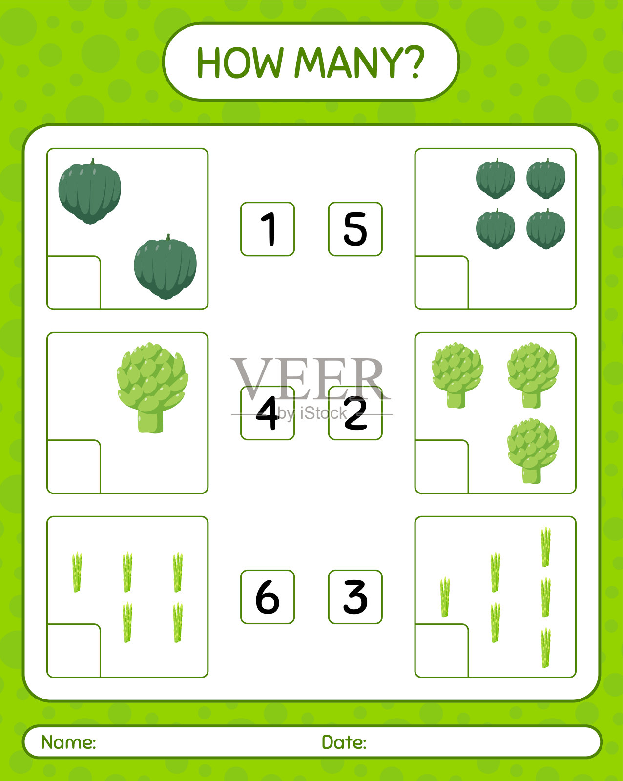 多少数蔬菜游戏。学龄前儿童的工作表，儿童活动表，可打印的工作表插画图片素材